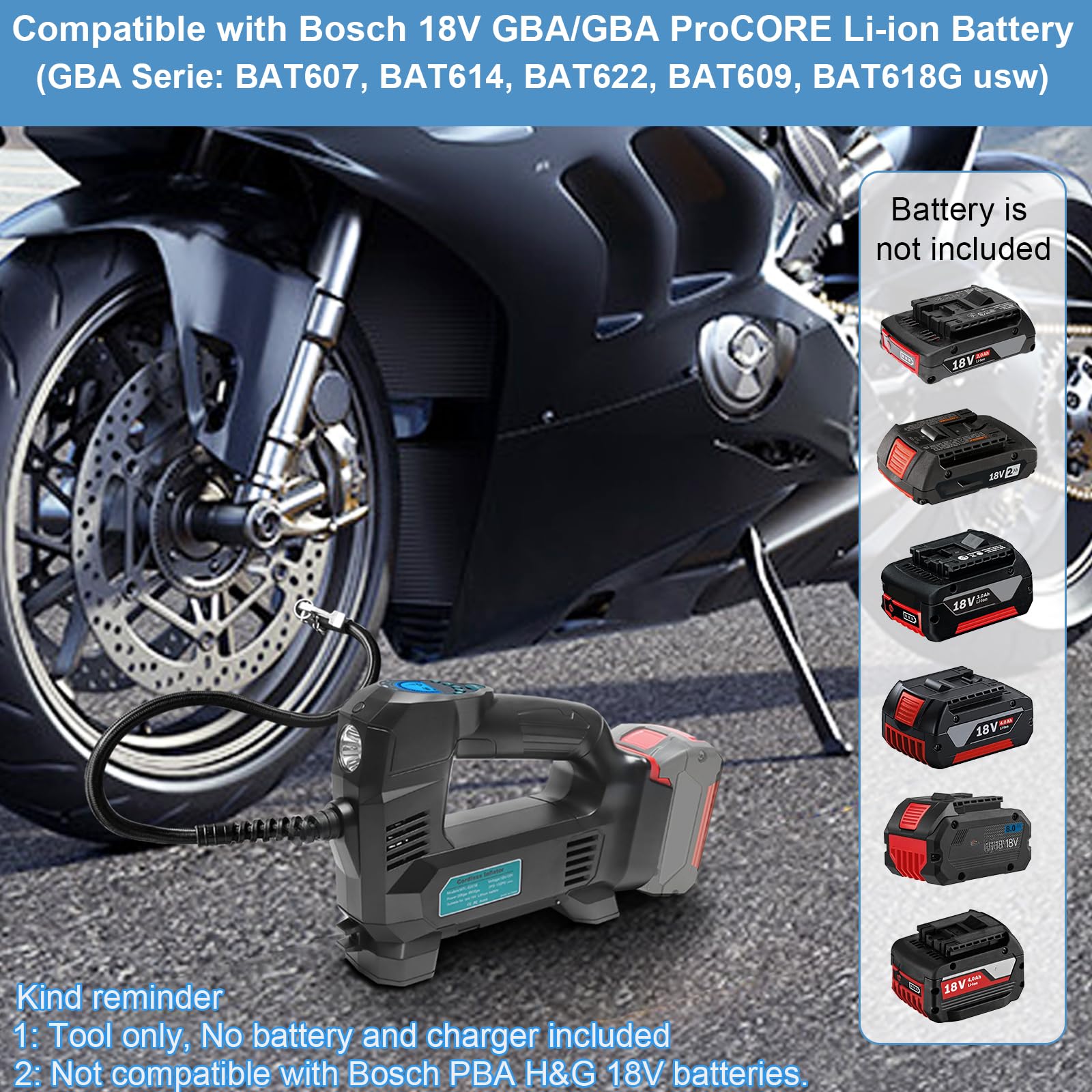 Powarobor Akku-Luftpumpe kompatibel mit Bosch 18V GBA/GBA ProCORE Akku,10,3bar Kompressor/Elektropumpe für Auto/Motorrad/Fahrrad/Bälle/150 PSI,automatische Abschaltung, LED,Echtzeitmessung (ohne Akku)