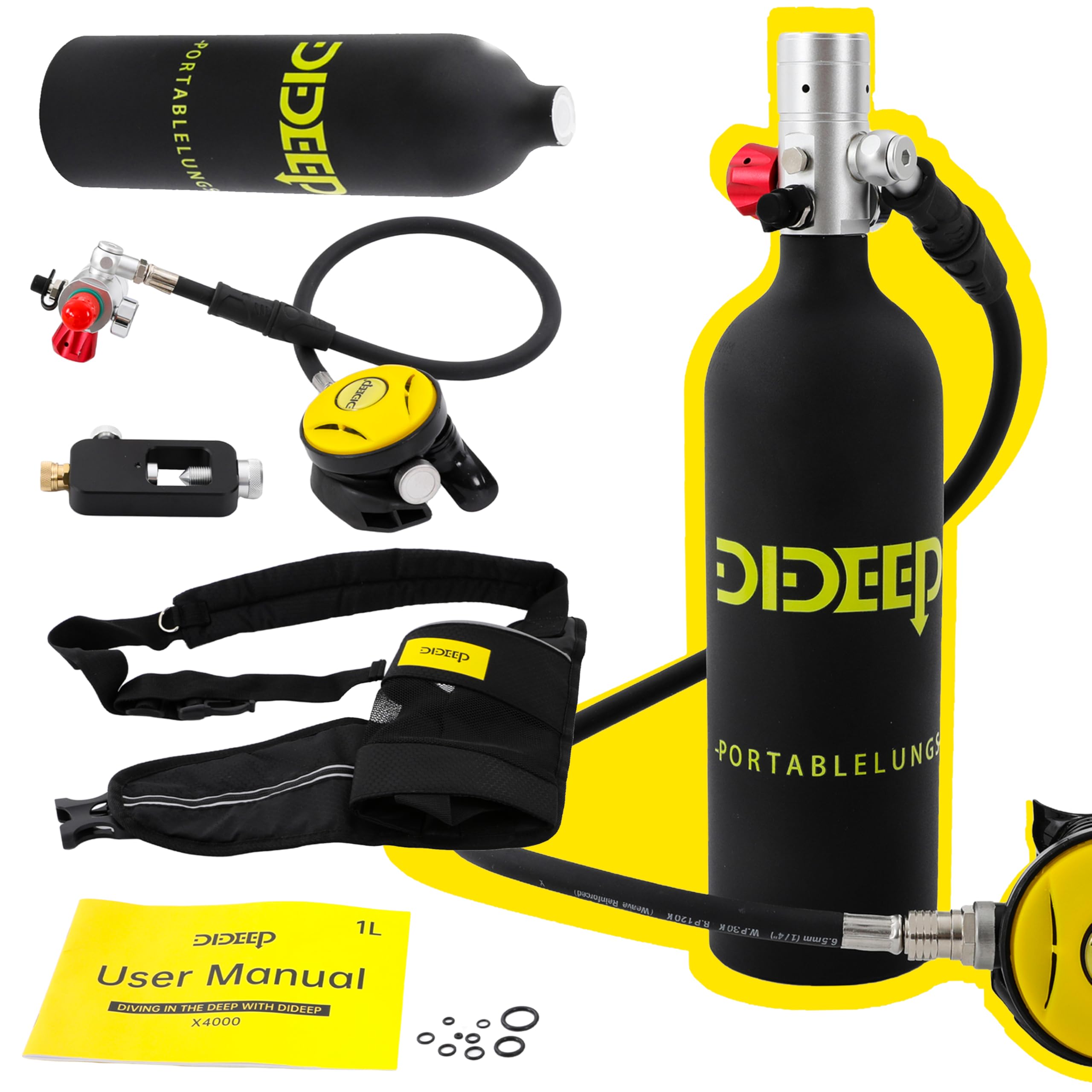 Poggyyi 1L Portable Lung Tank Mini Scuba Tank, 10-15 Minutes Breath Underwater Diving Gear with Inflation Adapter and Backpack Strap, for Underwater Breathe Training Fishing Snorkeling(DIDEEP, 1L) : Sports &