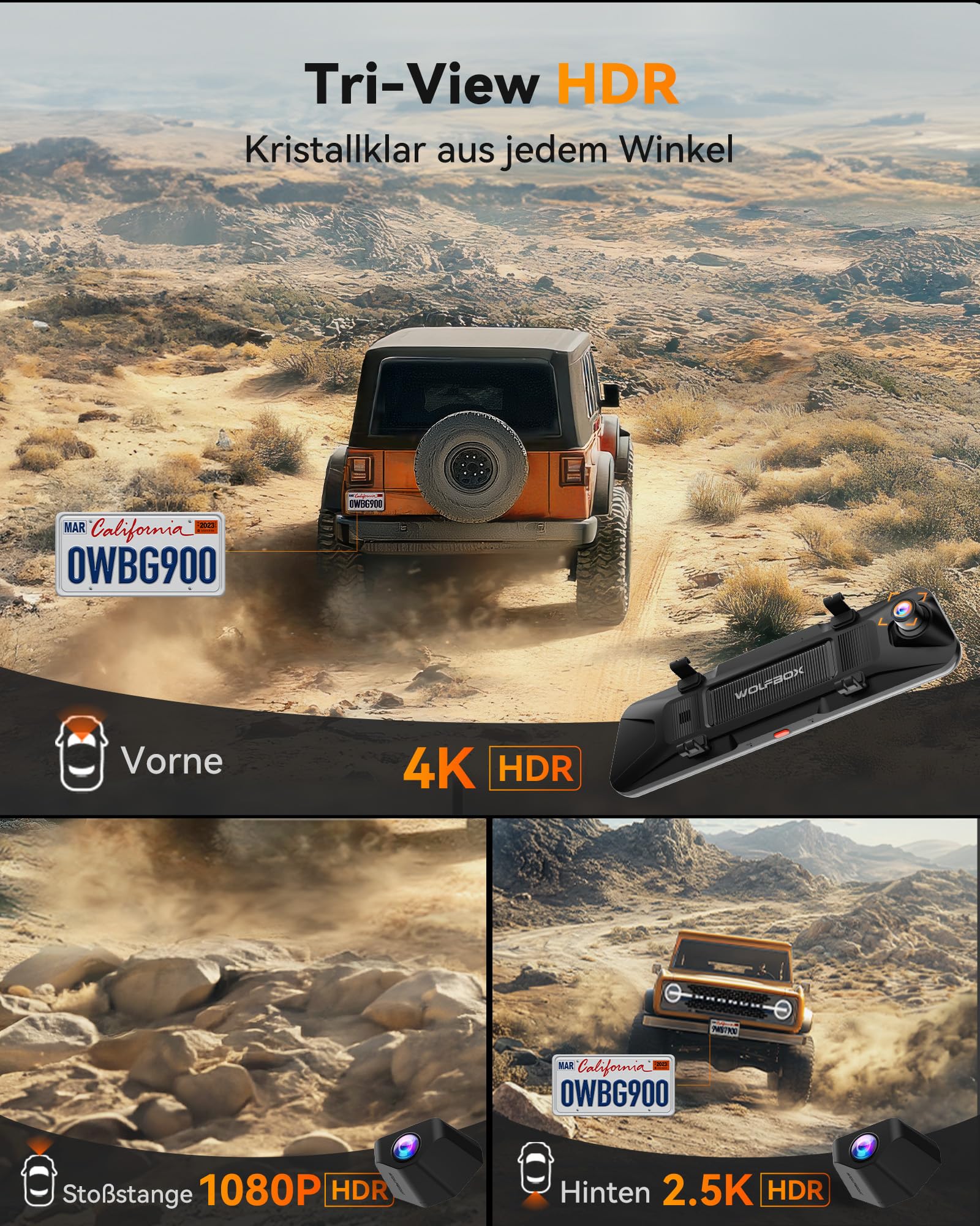 WOLFBOX G900Tripro Stoßstangen-Ausführung 3 Kanal 4K Rückfahrkamera Spiegel | 8MP STARVIS 2 IMX678, 4K+2.5K+1080P Dashcam Auto Vorne Hinten für Stoßstange, 5.8GHz WiFi, Sprachsteuerung, 256GB-Karte, GPS