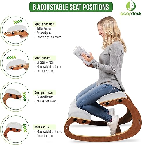 Miniatura 4 de Silla ergonómica, asiento ajustable, silla de oficina para escritorio, corrector de postura, cojín cómodo de alta calidad, mecedora de madera (nuez)