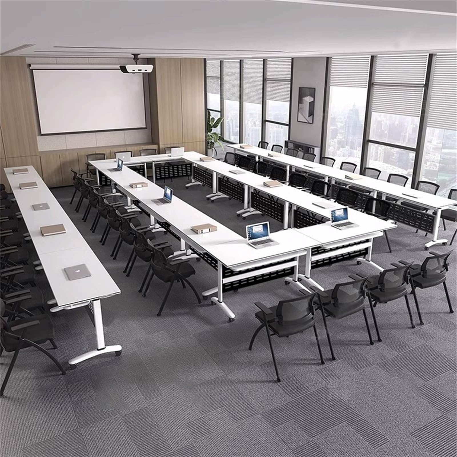 Konferenztisch - Moderner weißer Konferenzraumtisch, klappbarer Büro-Besprechungstisch mit Klappplatte, mobiler Konferenztisch für Schulungsseminare, mit Feststellrad (C, 6er-Pack,