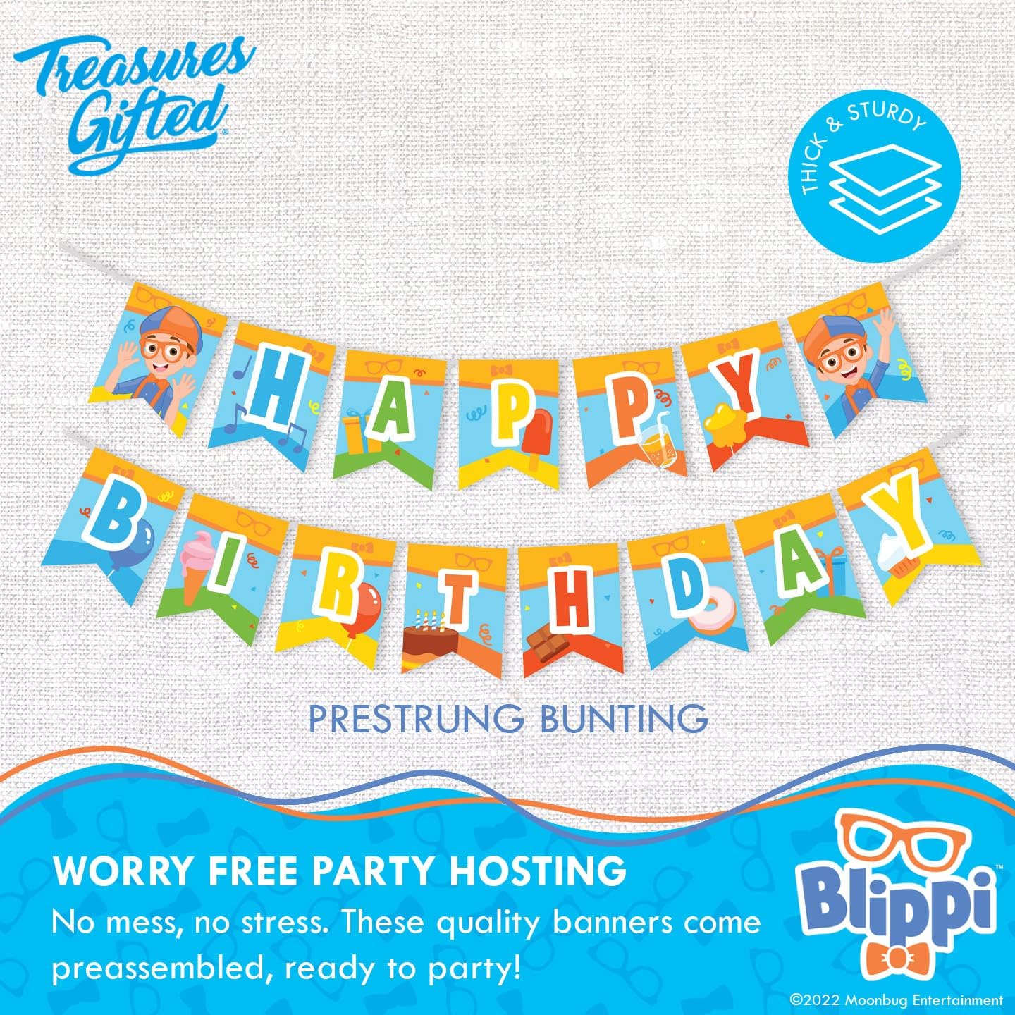Treasures Gifted Officially Licensed Blippi Birthday Decorations - 1 Happy Birthday Banner - Blippi Birthday Party Supplies - Pre-strung Banner