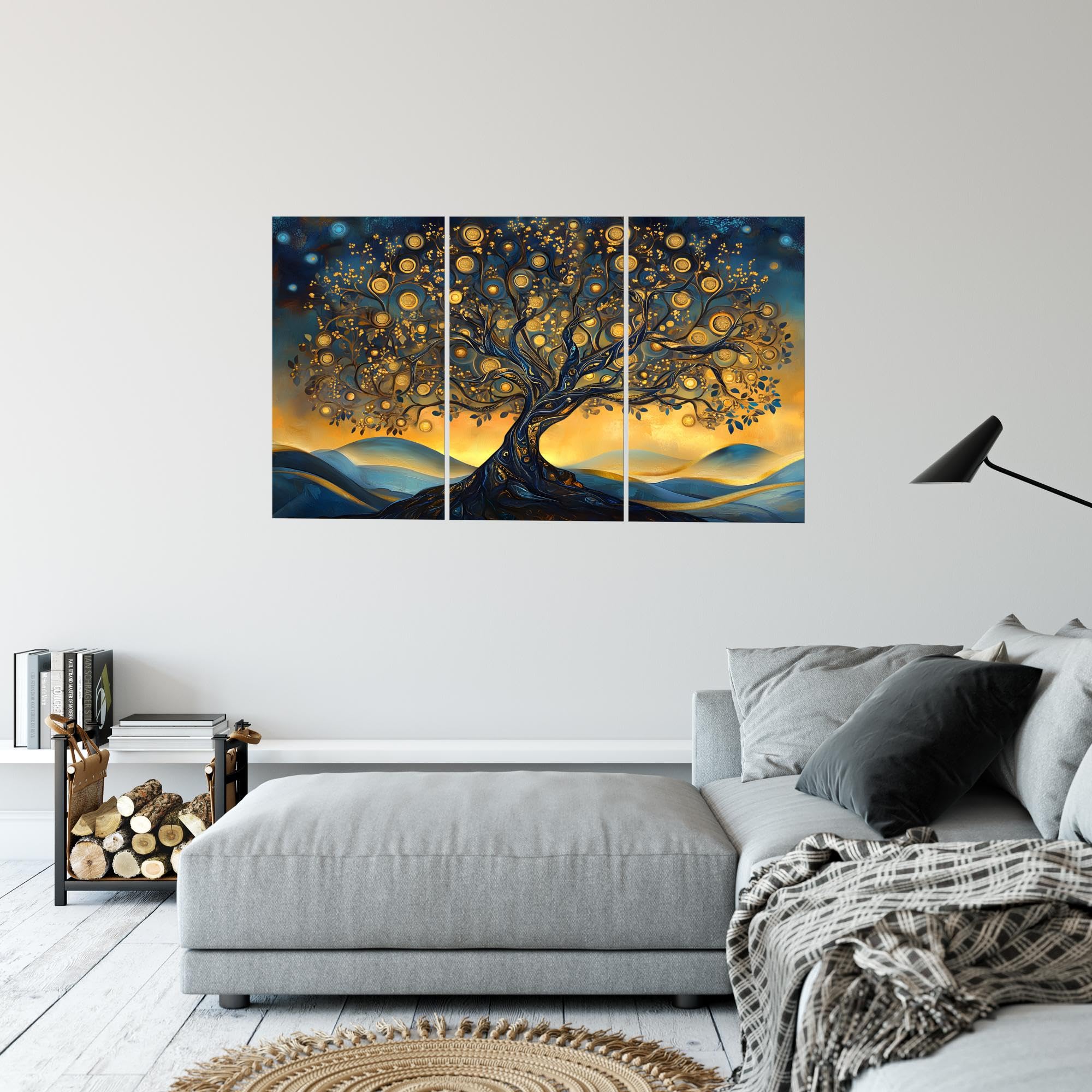 Runa Art Arbre de la vie Peinture Tableau Salon chambre XXL Orange Bleu Abstrait 120 x 80 cm 3 Parties Decoration Murale 054531a