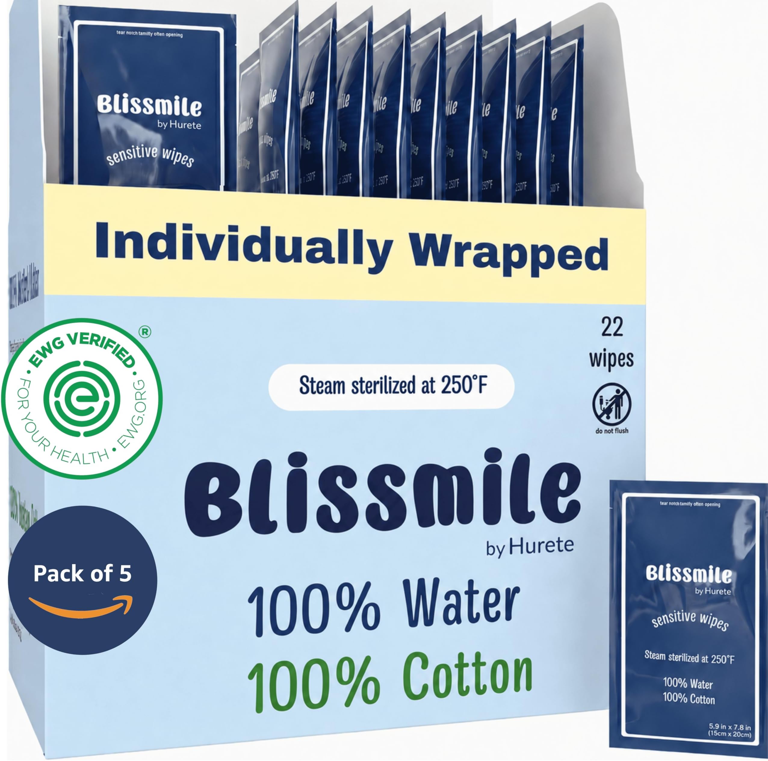 Blissmile 100% Water Wet Wipes Travel Size, Individually Wrapped, Unscented - Face, Hand, Body & Feminine Care - Gentle for Baby, Women & Sensitive Skin - 110 Individual Packs