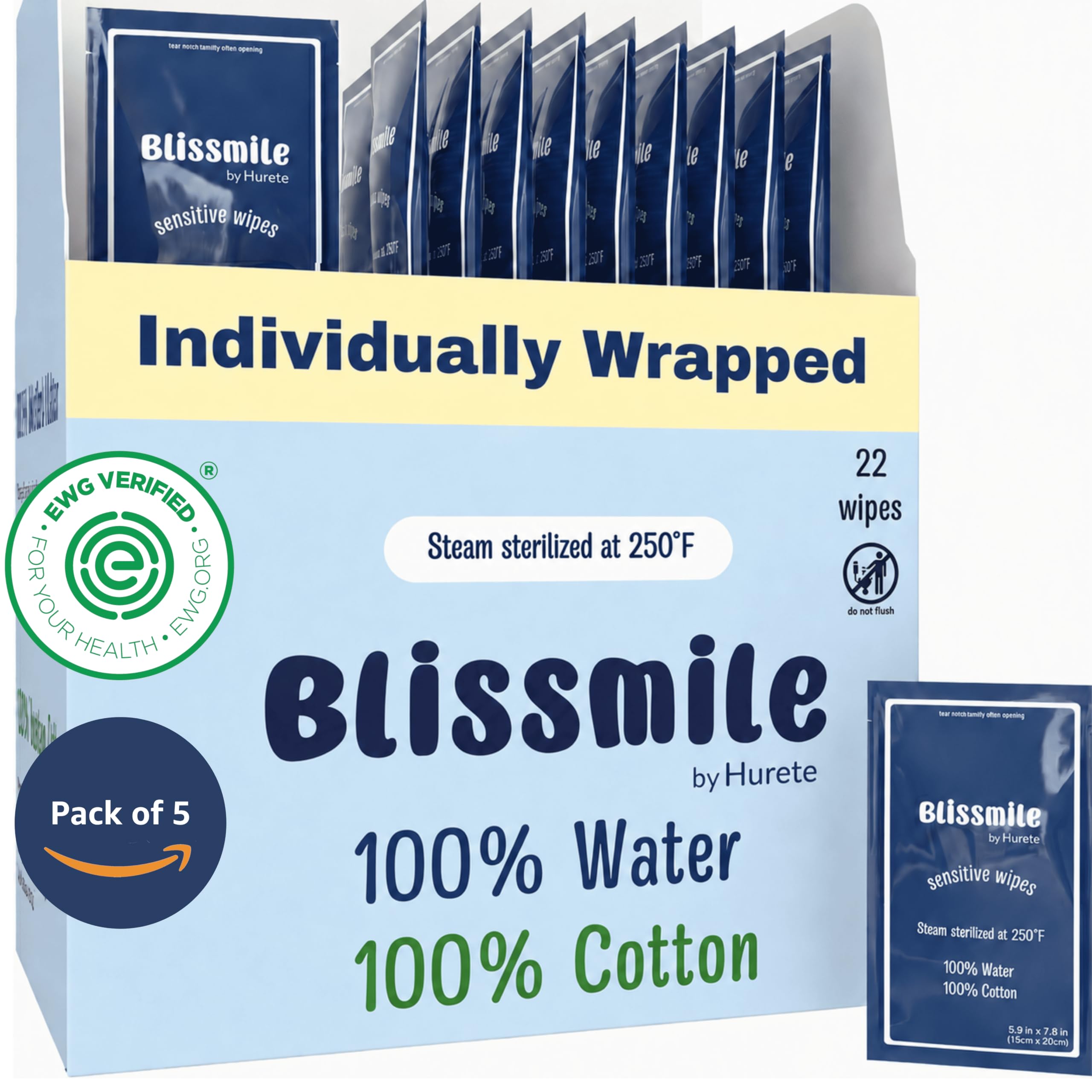 Blissmile 100% Water Wet Wipes Travel Size - Individually Packed, Odourless & Fragrance-Free - Gentle for Baby, Women & Sensitive Skin - Face, Hand, Body & Feminine Care - Pack of 110