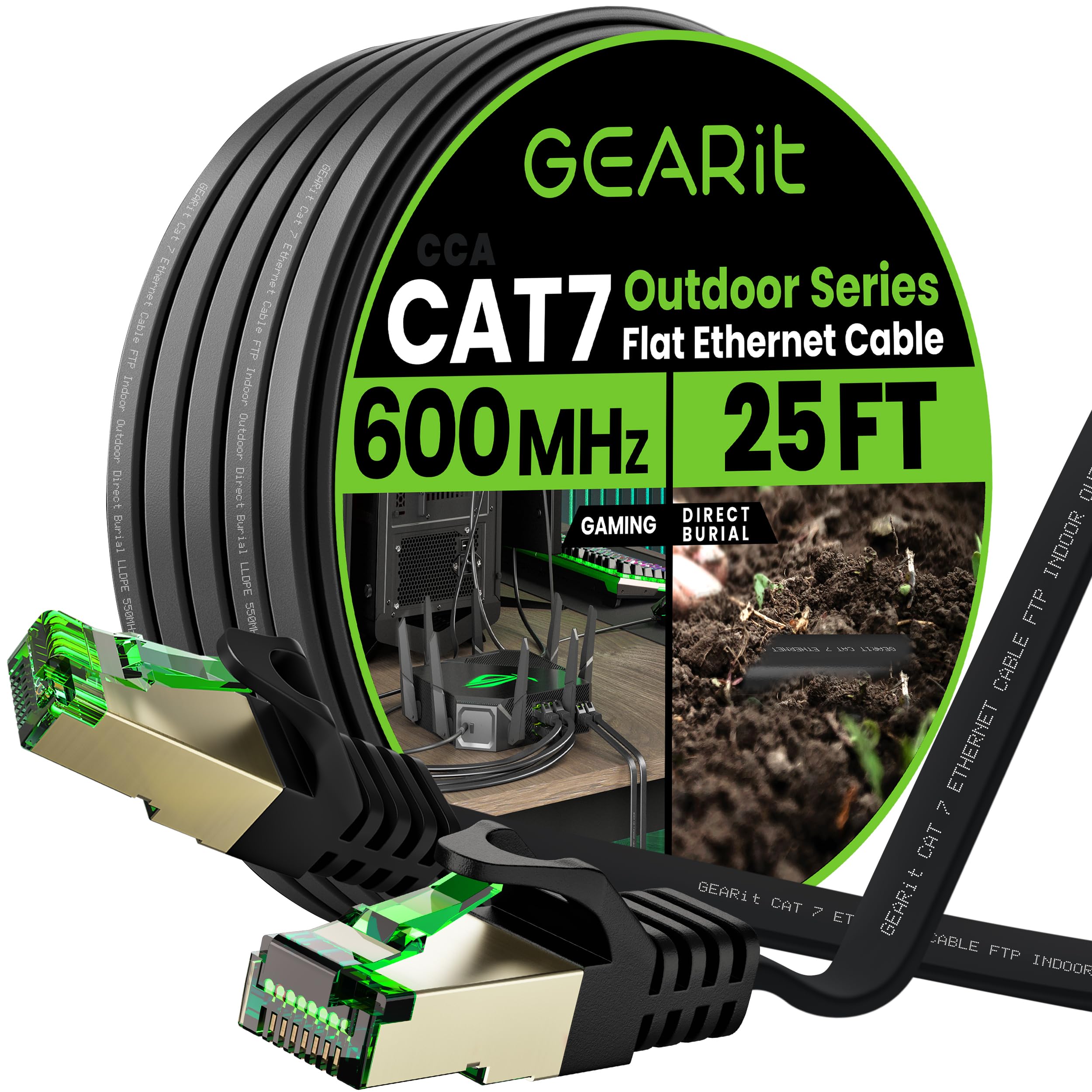 GEARit Cat 7 Outdoor Flat Ethernet Cable (25ft, Black) Direct Burial Rated LLDPE Jacket - Indoor Cat7 Shielded FTP 600MHz 10Gbps High Speed Gaming Computer Network RJ45 Snagless Patch Cord Internet