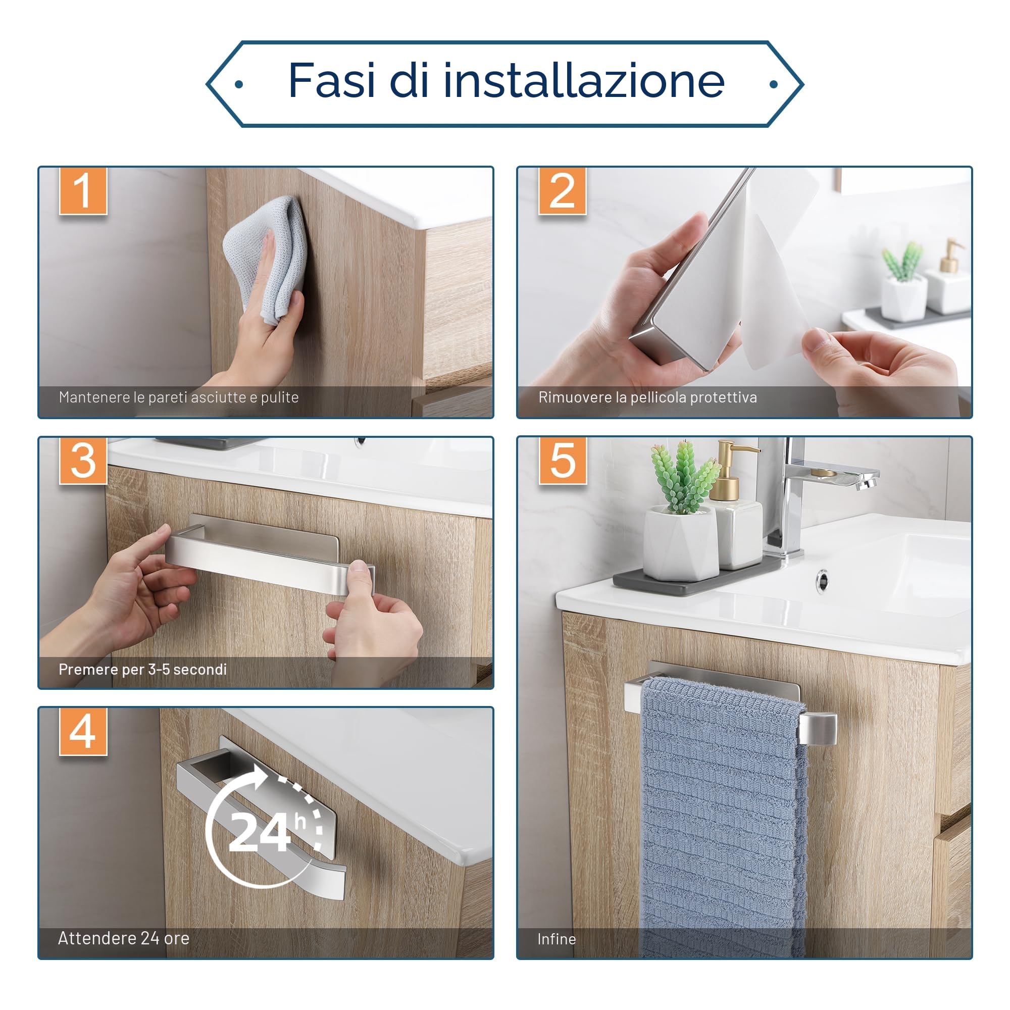 Porta Asciugamani Bagno Adesivo, Portasciugamani da Parete in Acciaio Inox 304, Senza Foratura, Stabile Elegante, Spazzolato Argento, 22CM