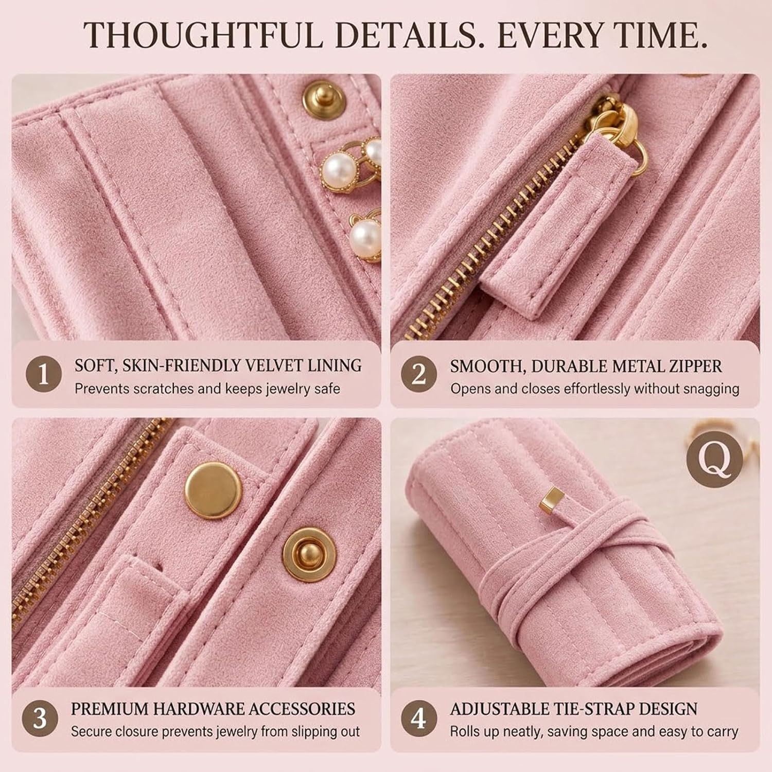 Small Flat Travel Jewelry Organizer: Tangle-free Velvet Jewelry Roll Case