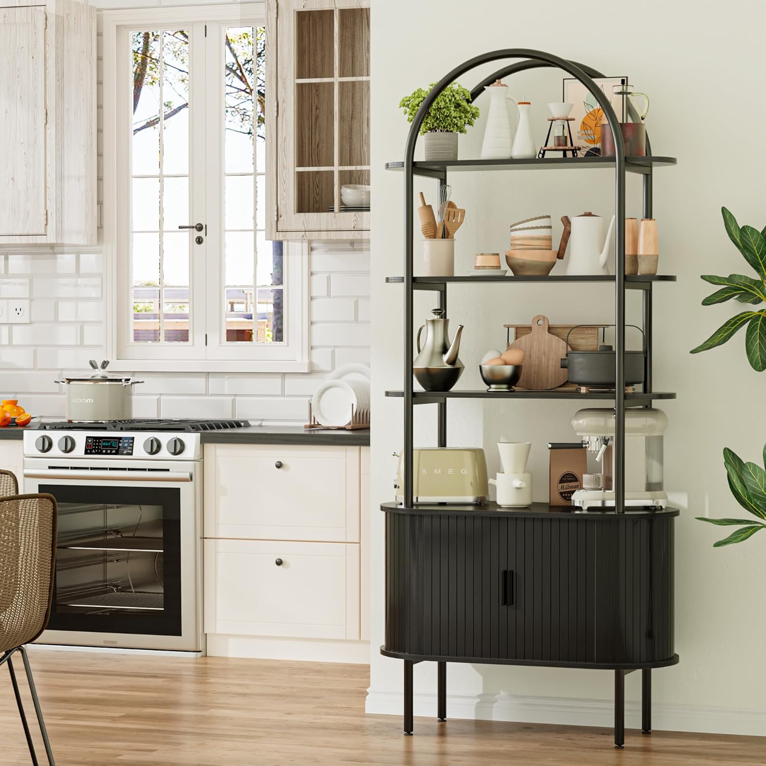 EAG 71" Tall Arched Bookshelf with Sliding Doors, Mid Century Modern Metal Curved Bookcase Cabinet with Storage, 4-Tier Open Display Storage Shelf for Living Room, Home Office, Bedroom, Black