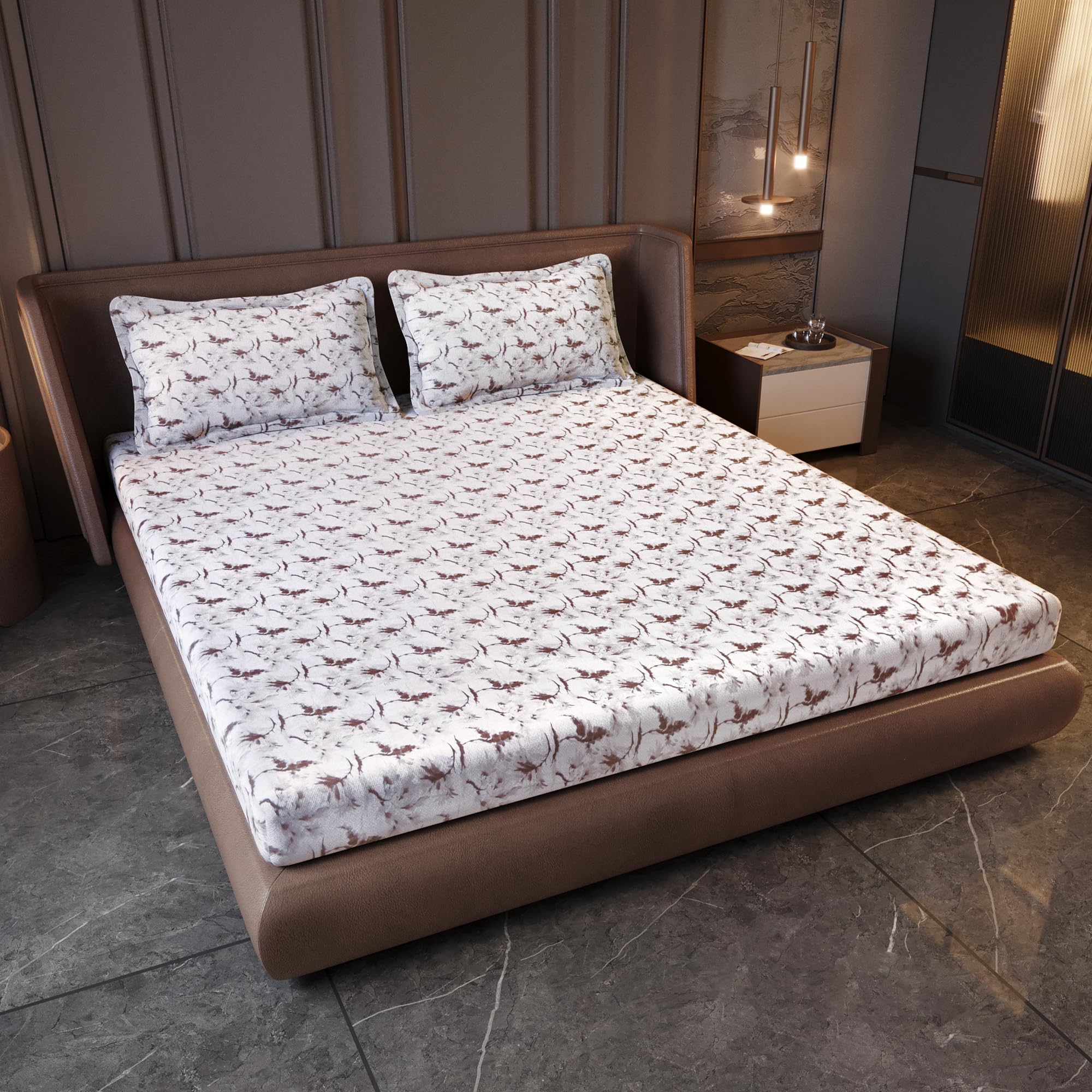 Divine Casa Cotton King Size Bedsheet | 210 TC Pigment Twill Satin Bed Sheet with 2 Pillow Covers | Soft Breathable Bedsheet for King Size Bed | 275 x 275 cm (Off White, Floral)
