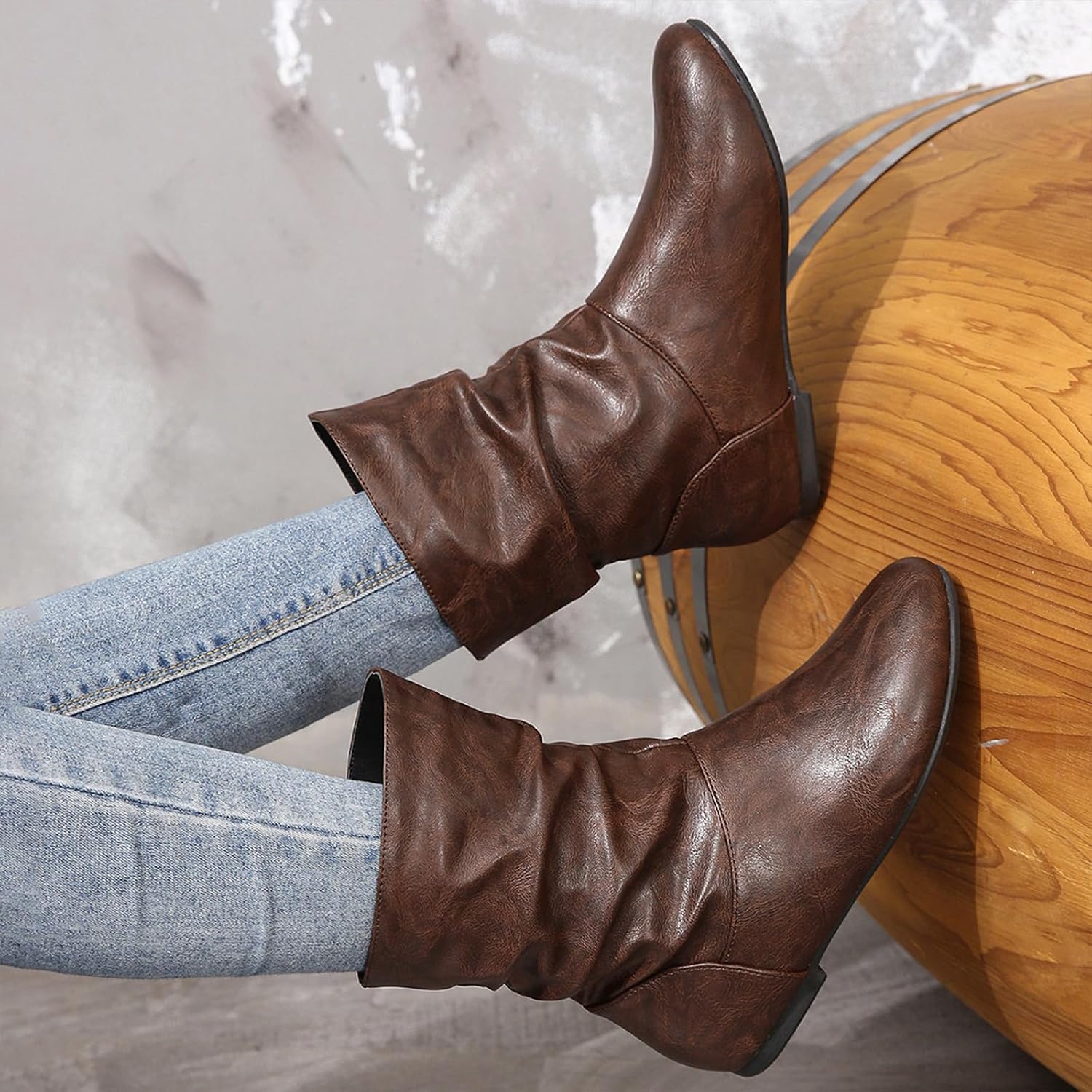 Women's Leather Slouchy Flat Ankle Boots Comfortable Round Toe Casual Pull On Booties Fall Winter Fashion Low Heel Short Boots