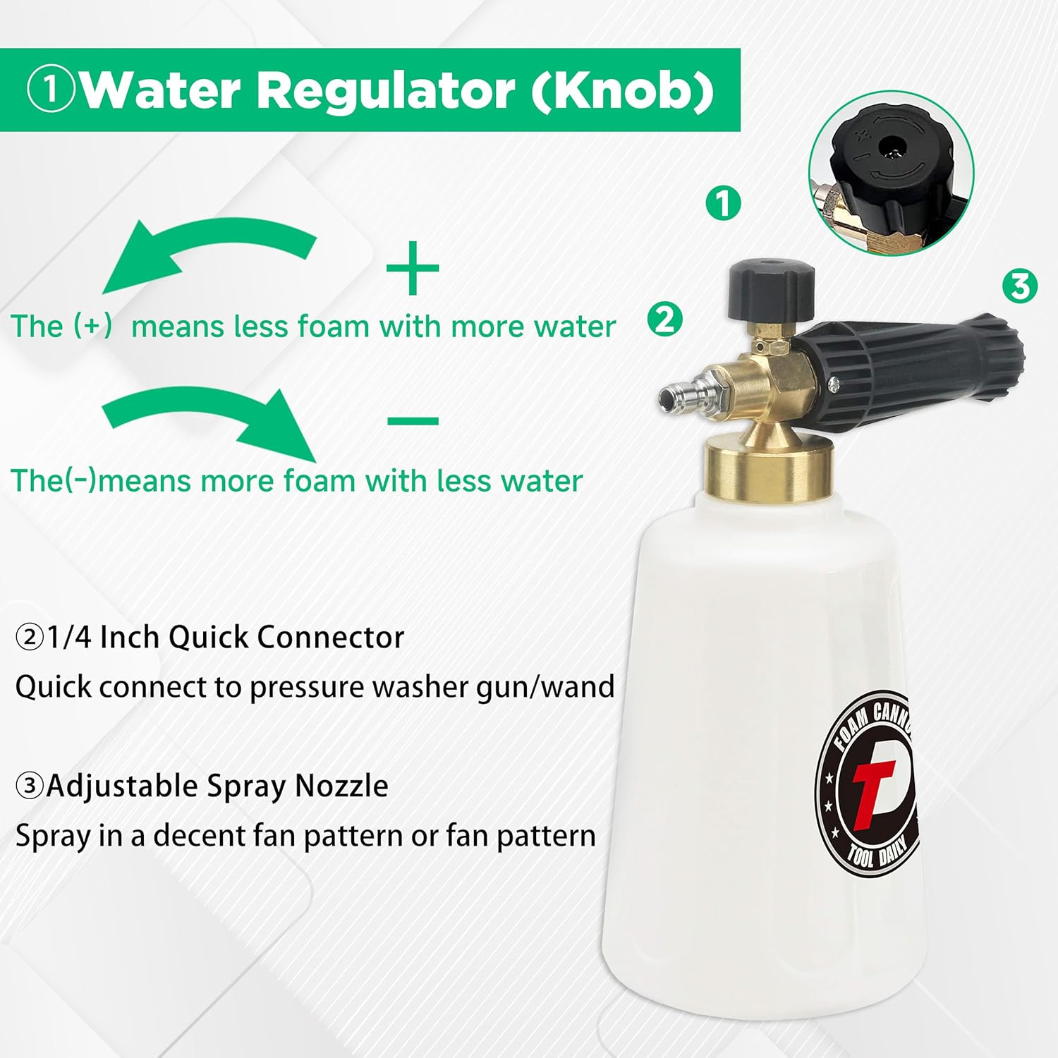 Tool Daily Foam Cannon for Pressure Washer with Car Wash Soap, Adjustable Snow Foam Lance, Additional Orifice Nozzle 1.1mm, 1/4” Quick Connect