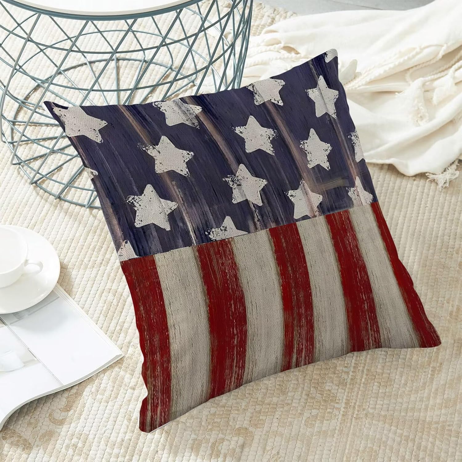 4th of July Memorial Day Pillow Covers 22x22 Set of 2, American Day Patriotic Retro Star and Stripe Decorative Throw Pillowcase Independence Day Cushion Cover for Sofa Couch Living Room Decor
