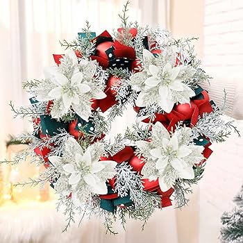 Amazon｜Sawowkuya 15個 シルバー ポインセチア 造花 グリッター