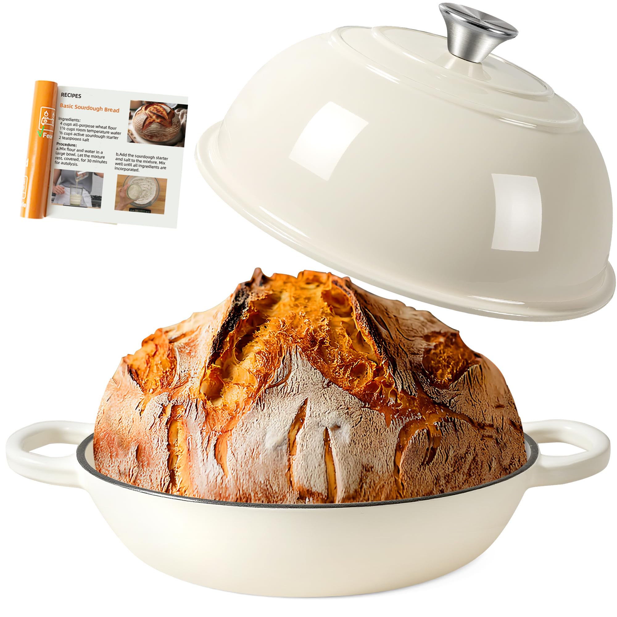 AHJ Dutch Oven For Sourdough Bread Baking,26cm/5.7L Enameled Cast Iron Dutch Oven,Non-Stick Sourdough & Casserole Dish,Casserole Pot for Bread Baking,Roasting,Best Gift for Bread Lovers (White)