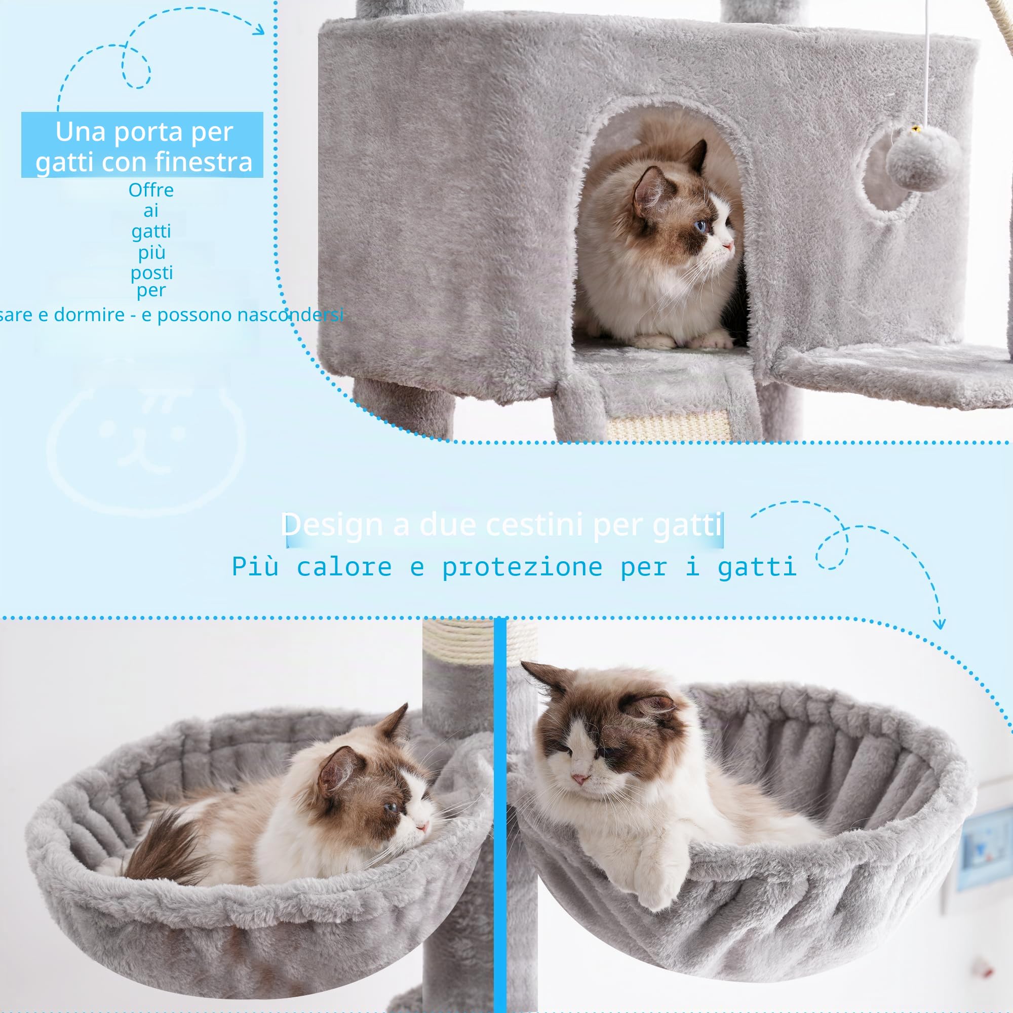 Hey-brother Albero tiragraffi regolabile in altezza, 250-280 cm, che raggiunge il soffitto, torre per gatti di grandi dimensioni, con grotta, grigio chiaro 0MPJ091W