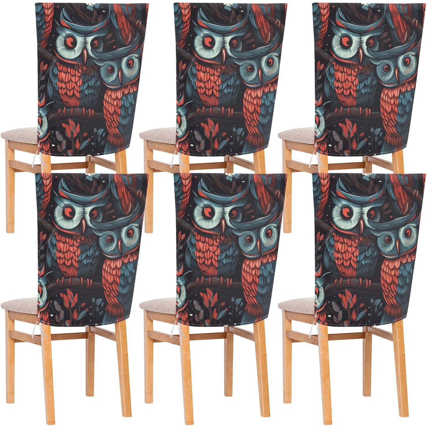 ALAZA Blue Red Owl Chair Back Cover Set of 6, Washable Reusable Removable Chair Slipcovers Decorative Chair Cover for Home Kitchen Wedding Party