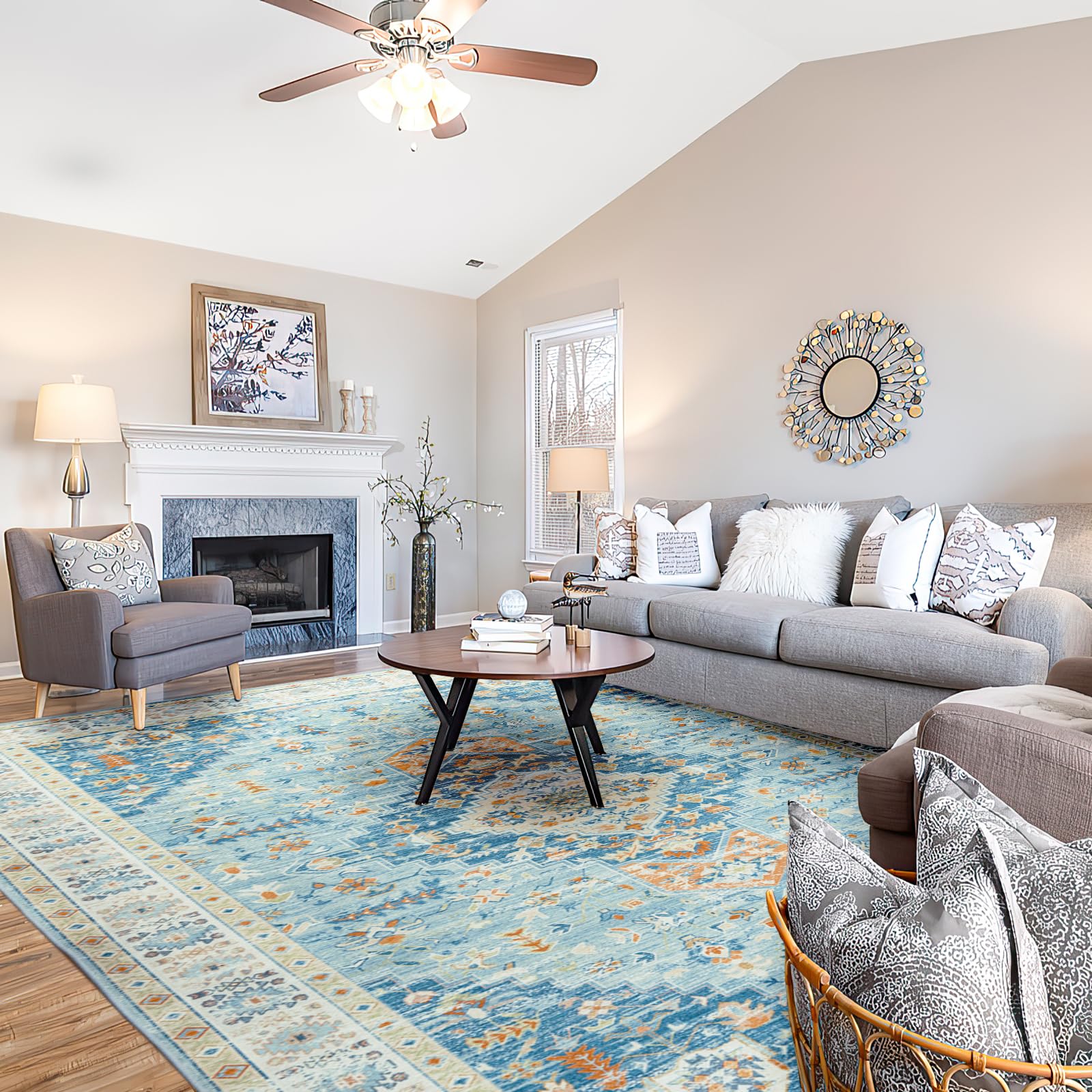 Area Rugs for Living Room Vintage Rug 25 X 49Area Rug Machine Washable Rugs Non Slip No Pile Carpet Bohemian Distressed Area Rug for Living Room Bedroom Indoor Blue