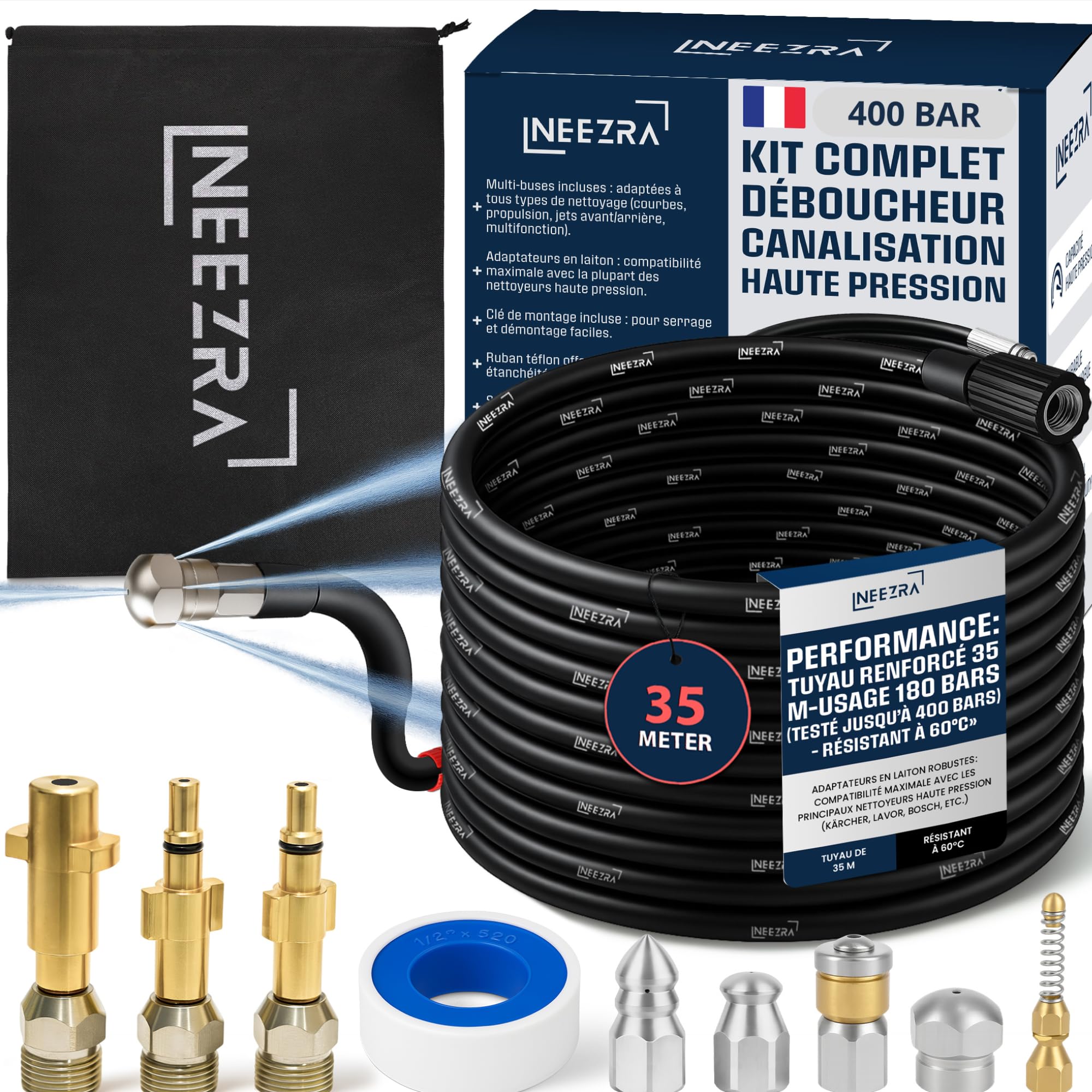Kit Complet 10-en-1 Déboucheur de Canalisation Haute Pression – Tuyau 35 m Extra-Long Renforcé – 5 Buses + 3 Adaptateurs Laiton – Compatible Kärcher-Furet Kärcher