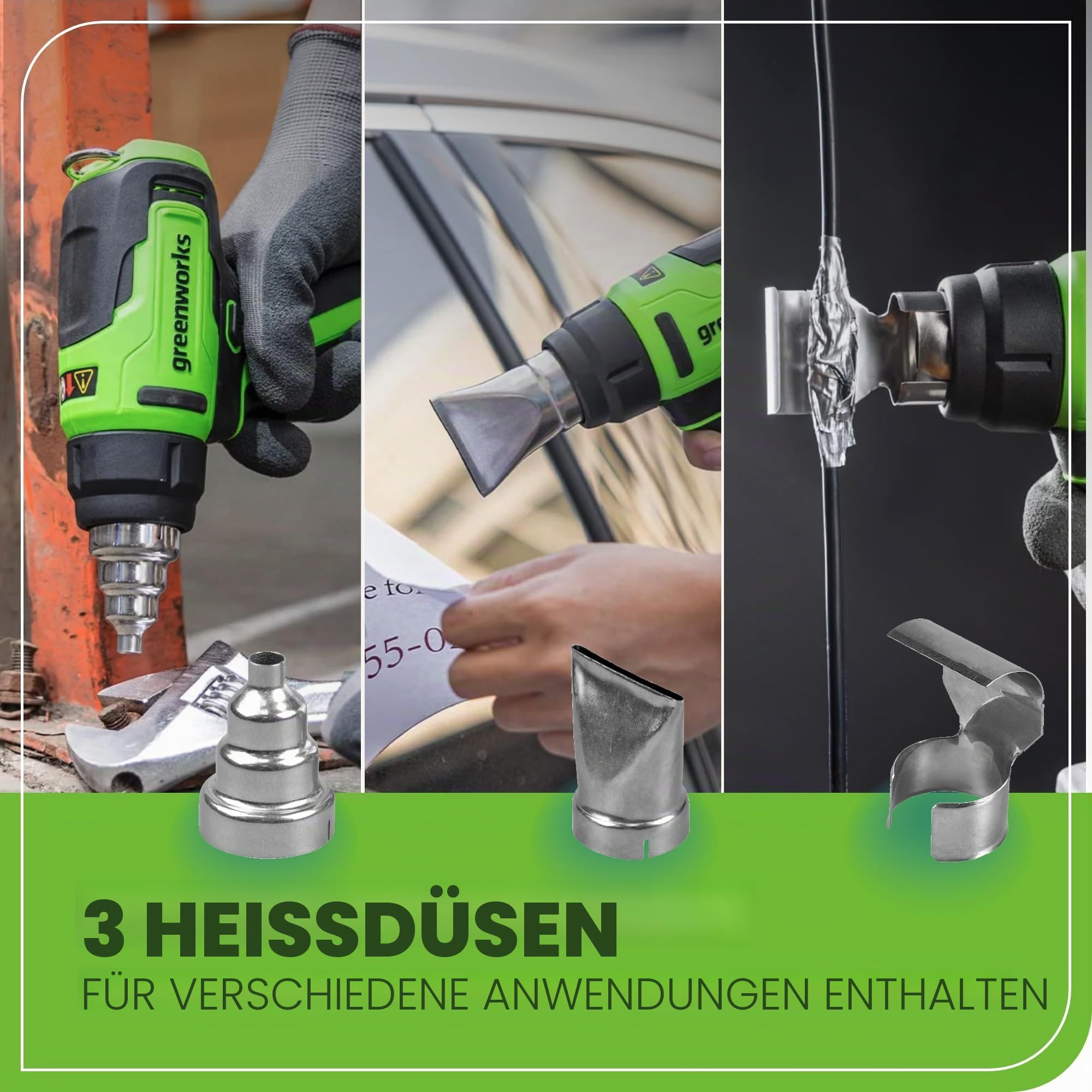 Greenworks 24 V kabelloses Heißluftpistolen-Set, 4,0 Ah Akku und Ladegerät im Lieferumfang enthalten – Heißluftwerkzeug, max. 538 ℃ mit 3 Düsen für Zuhause, Garage, Outdoor