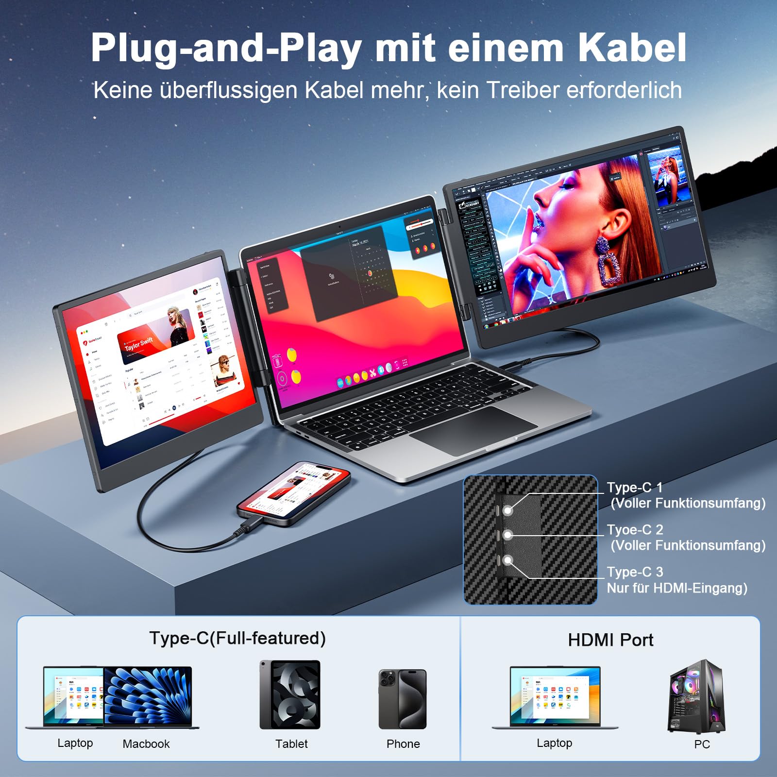 Tragbarer Monitor für Laptop, 14’’ Triple Laptop Screen Extender, FHD 1080p Portable Monitor Bildschirm Erweiterung, Plug & Play Kein Treiber Kompatibel Windows Mac Android