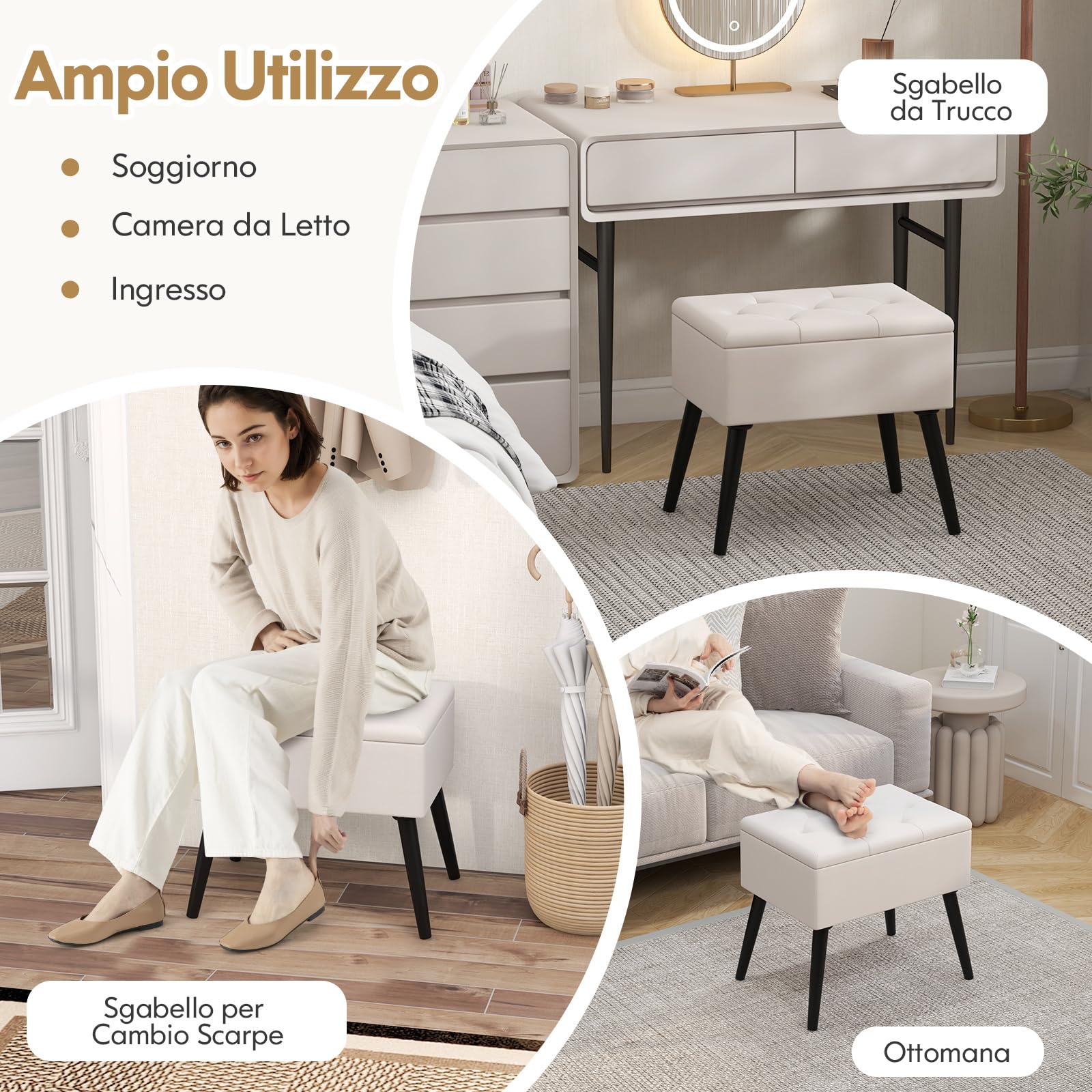 COSTWAY Sgabello Contenitore, Pouf Sgabello Ottoman, Poggiapiedi Moderno da Trucco, con Gambe in Legno Massello & Seduta Imbottita, Portata 150 kg, 49,5 x 35 x 46,5 cm (Beige)