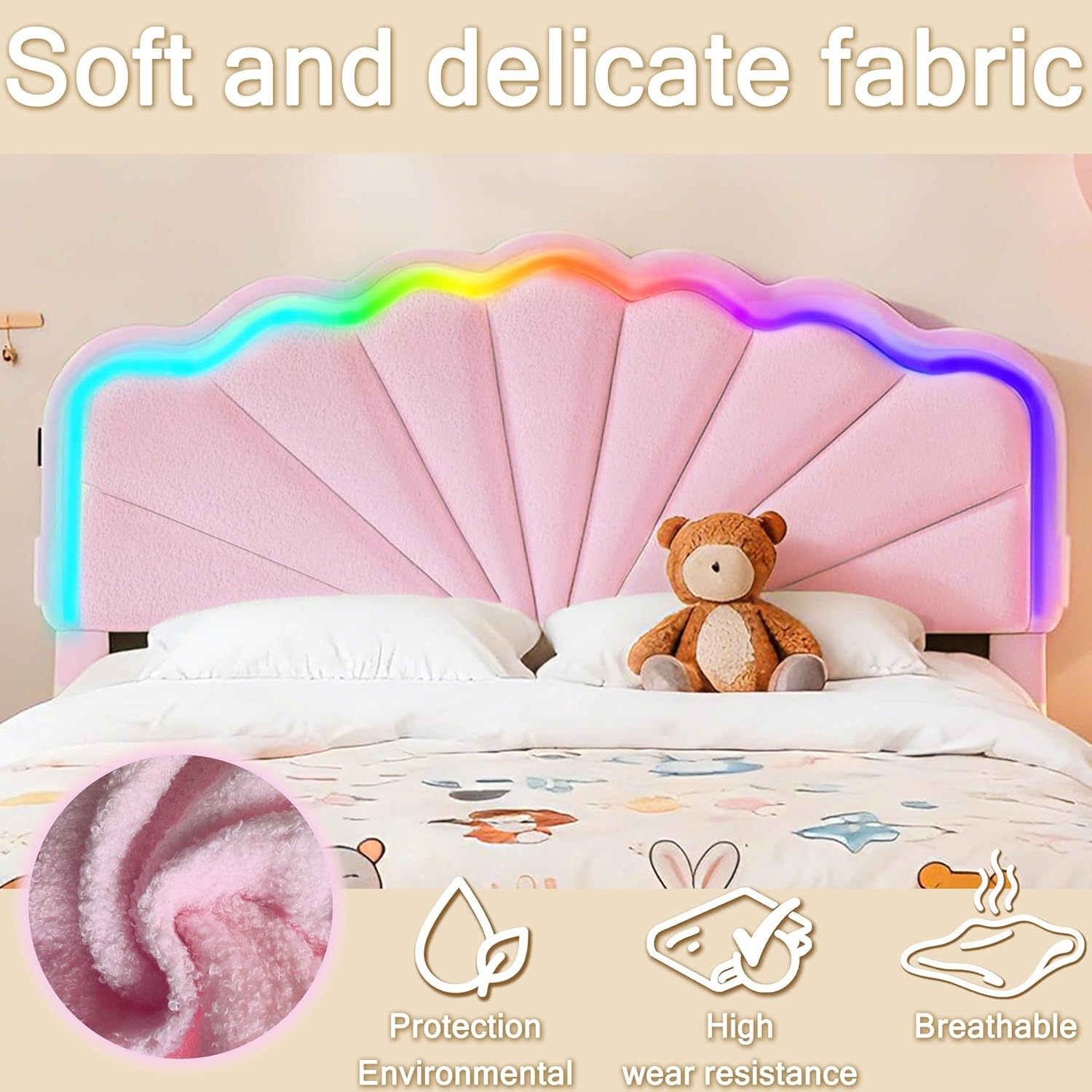 Queen Upholstered Children’s Bed with Storage Drawers,Charging Station & LED Lighting,Teddy Velvet,Quiet Support,Easy Assembly,Pink