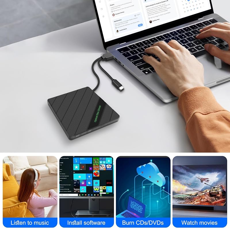 XMSJSIY Külső CD/DVD Meghajtó USB 3.0 Type-C Hordozható Írható Olvasó 8 az 1-ben
