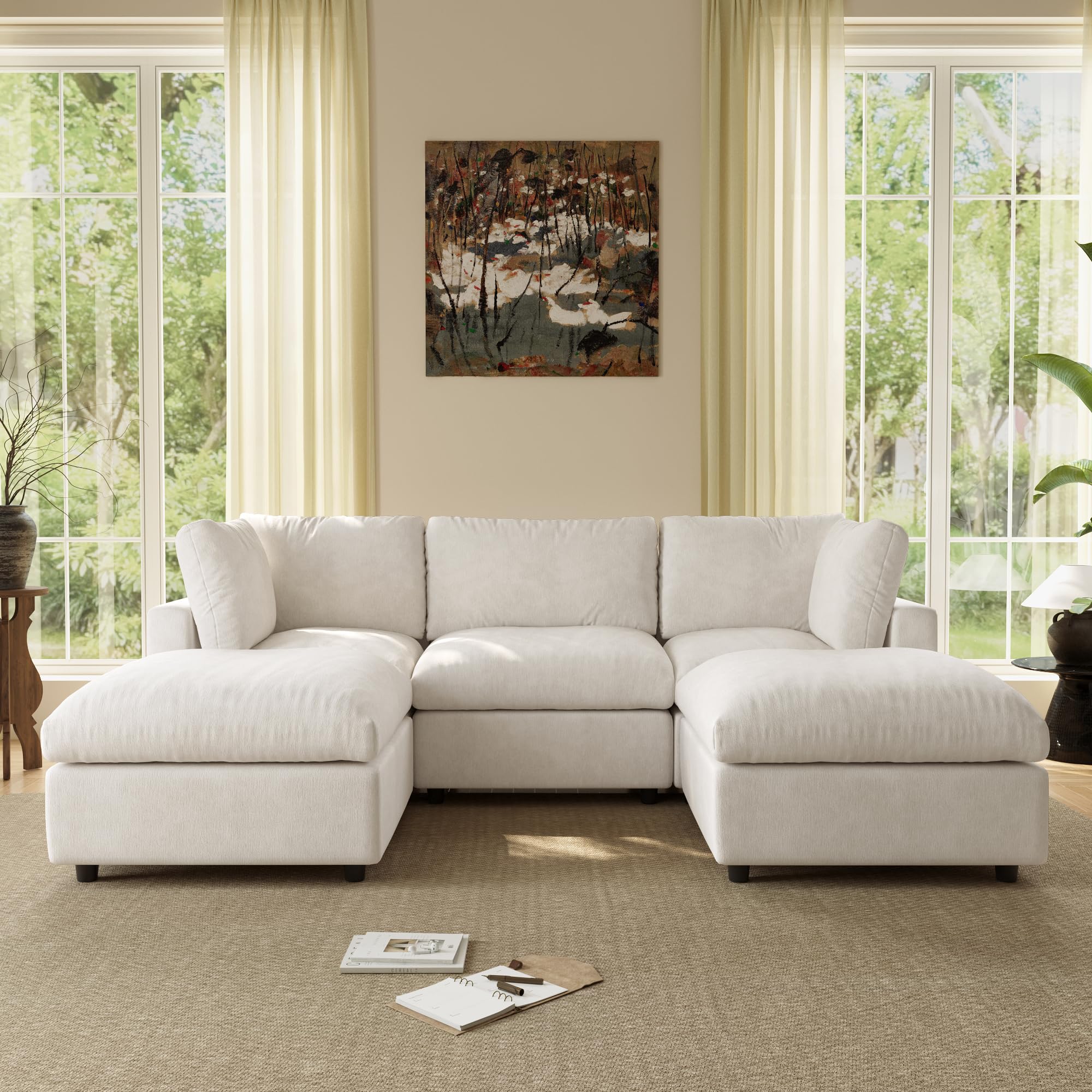 100 Inch U Shaped Modern Sofa Modular Sectional Cloud Couch with 2 Ottoman, 4-Seat Chenille Deep Seat Couches for Living Room, Bedroom and Apartment，