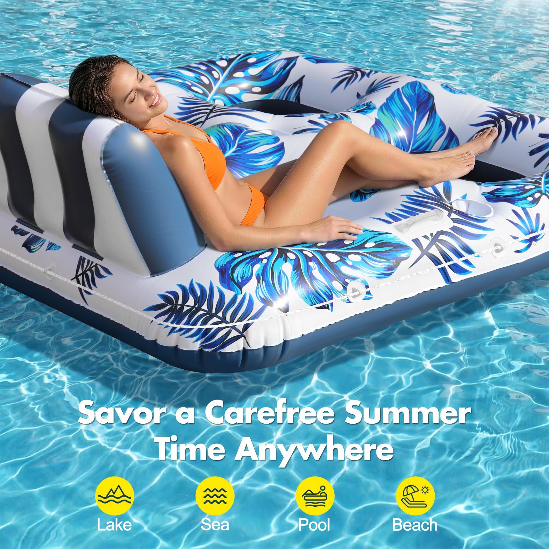 LuxBlue Pool Sessel Aufblasbar 2 Personen, Schwimmsessel für Pools Erwachsene mit Getränkehalter&Griff, Groß Pools Sitz Aufblasbar Luftmatratze Pool mit Netz, Urlaub Luftmatratze Wasser Erwachsene