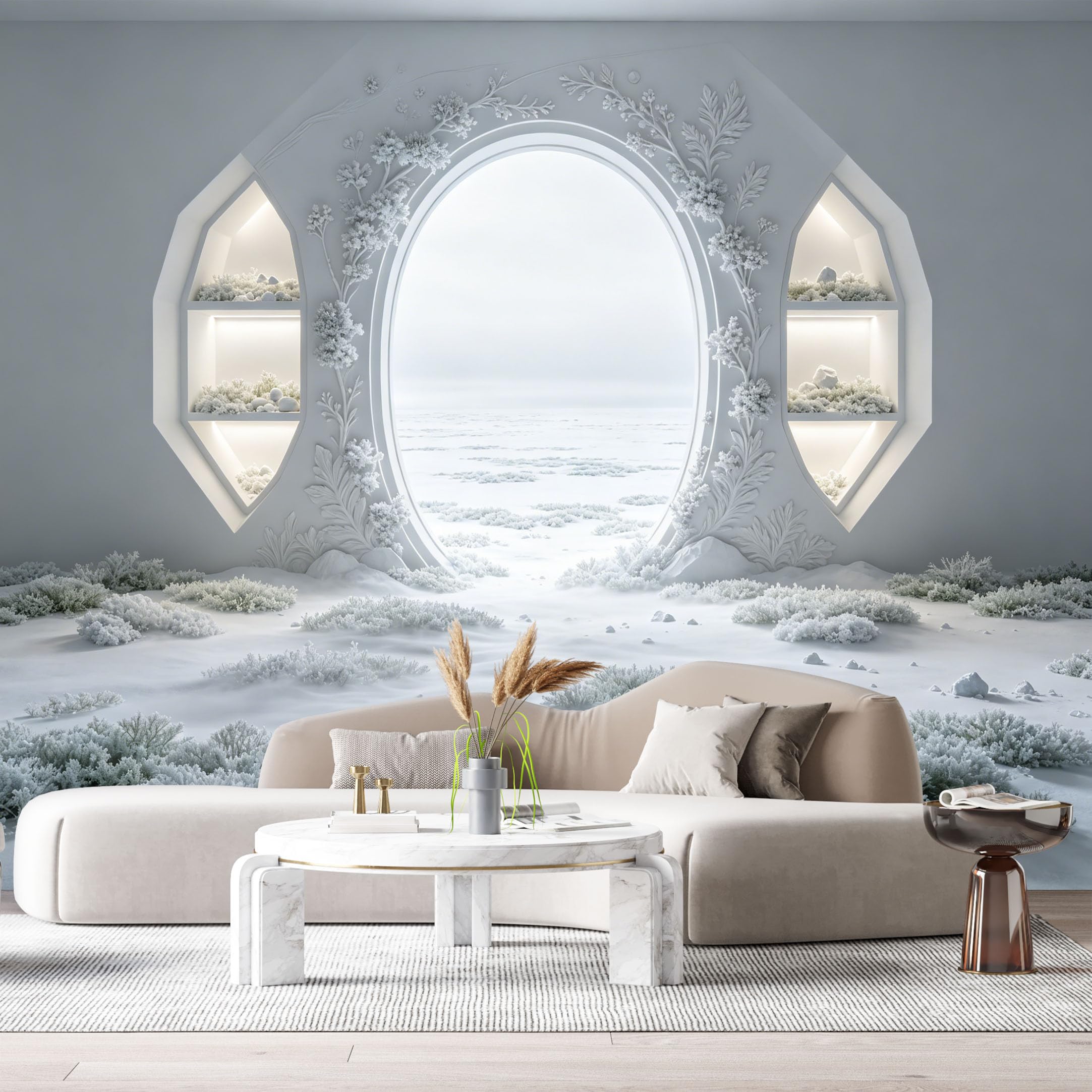 Custom Size Wall Murals Monochrome Snowy Interior Ocean View 3D Trompe L'Oeil SelfAdhesiveWall Fabric Removable Wallpaper Wall Decor for Living Room Bedroom Bathroom