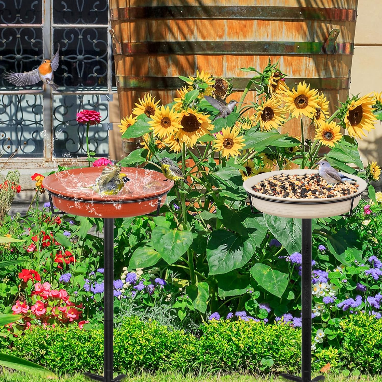 35.5In Freestanding Birdbaths Bowl Outdoor, Standing Garden Bird Bath Bird Feeder Bowl with Metal Stake, Detachable Decoration Spa Birdfeeder for Garden Patio Yard Lawn, 4 Spiky Feet (B)