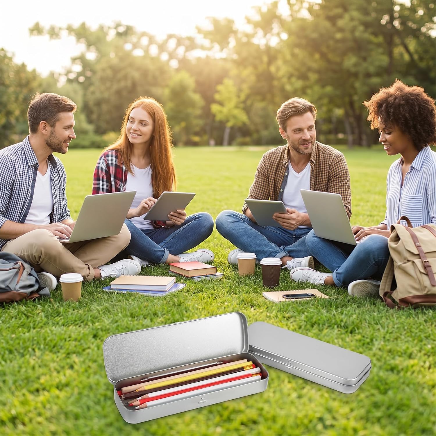 18 Pcs Metal Pencil Case Tin Box, Hinged Stainless Steel Storage Container for Brushes, Crayons, Pens, Silver Rectangular Organizer, 8.07 x 2.56 x 0.91 Inches