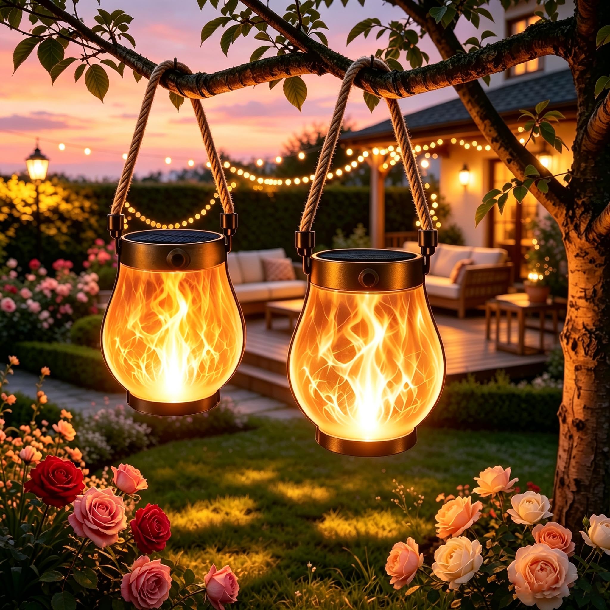 2 Pack Solar Hanging Lanterns Outdoor, Waterproof LED Flickering Dancing Flame Garden Lights, Hemp Rope Design Dual USB & Solar Powered Decor Lamps for Patio Pathway Yard Ornament Birthday Gift