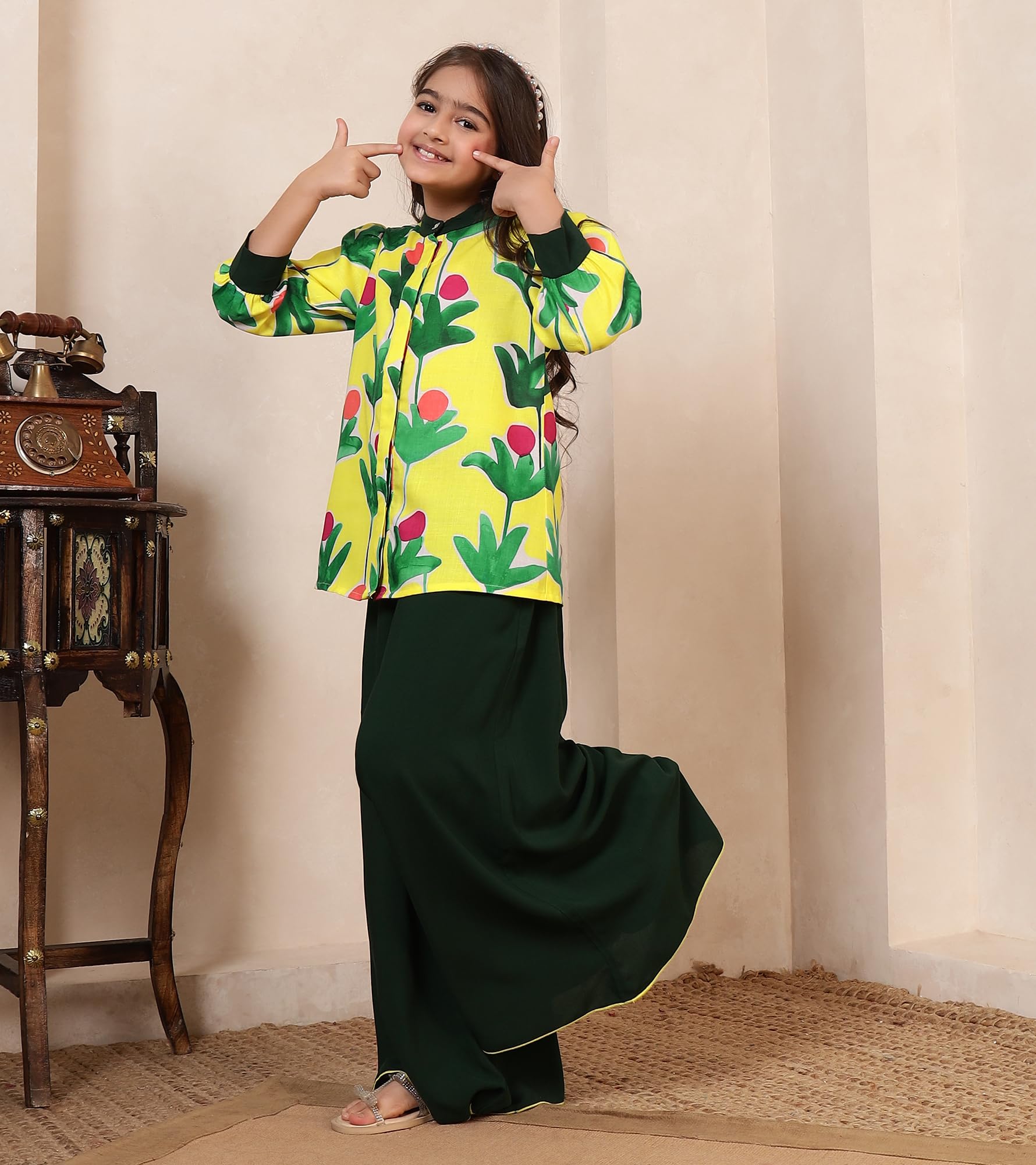 Bugandbees Top-Printed Bottom- Solid Rayon Kurta With Palazzos|Bad Collar Fusion Wear Fit & Flare Co-Ord Set for 3 Years to 13 Years Kids|Festive Casual Wear (BBCO00000392_11-12Y_Multicolor) 2