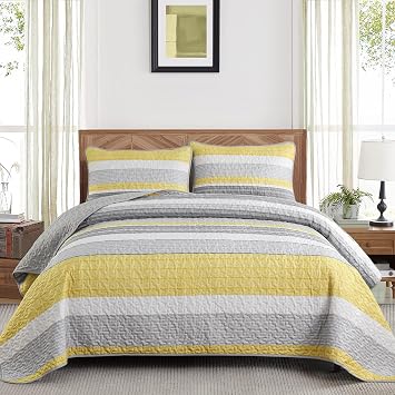 Quilt Set Queen Size, 3 Piece Fall Patchwork Striped Bedding Set, Summer Lightweight Soft Microfiber Bedspreads Coverlets Set with 2 Pillow Shams,Yellow and Grey and White Queen Quilts for All Season