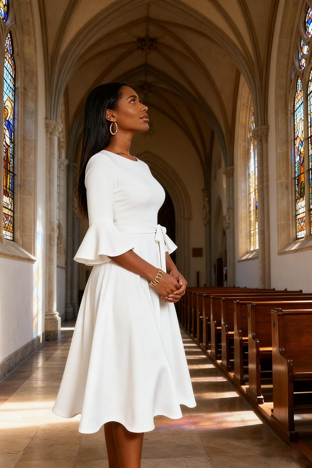 NMODER Women's Cocktail Dresses - Vintage Bell Sleeve Wedding Geust Tea Party Midi Dress with Belt - Image 4