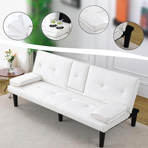 Miniatura 6 de Sofá cama futón moderno de 67 pulgadas, sofás cama convertibles 3 en 1 con respaldo ajustable, portavasos, cómodo sofá reclinable loveseat de cuero