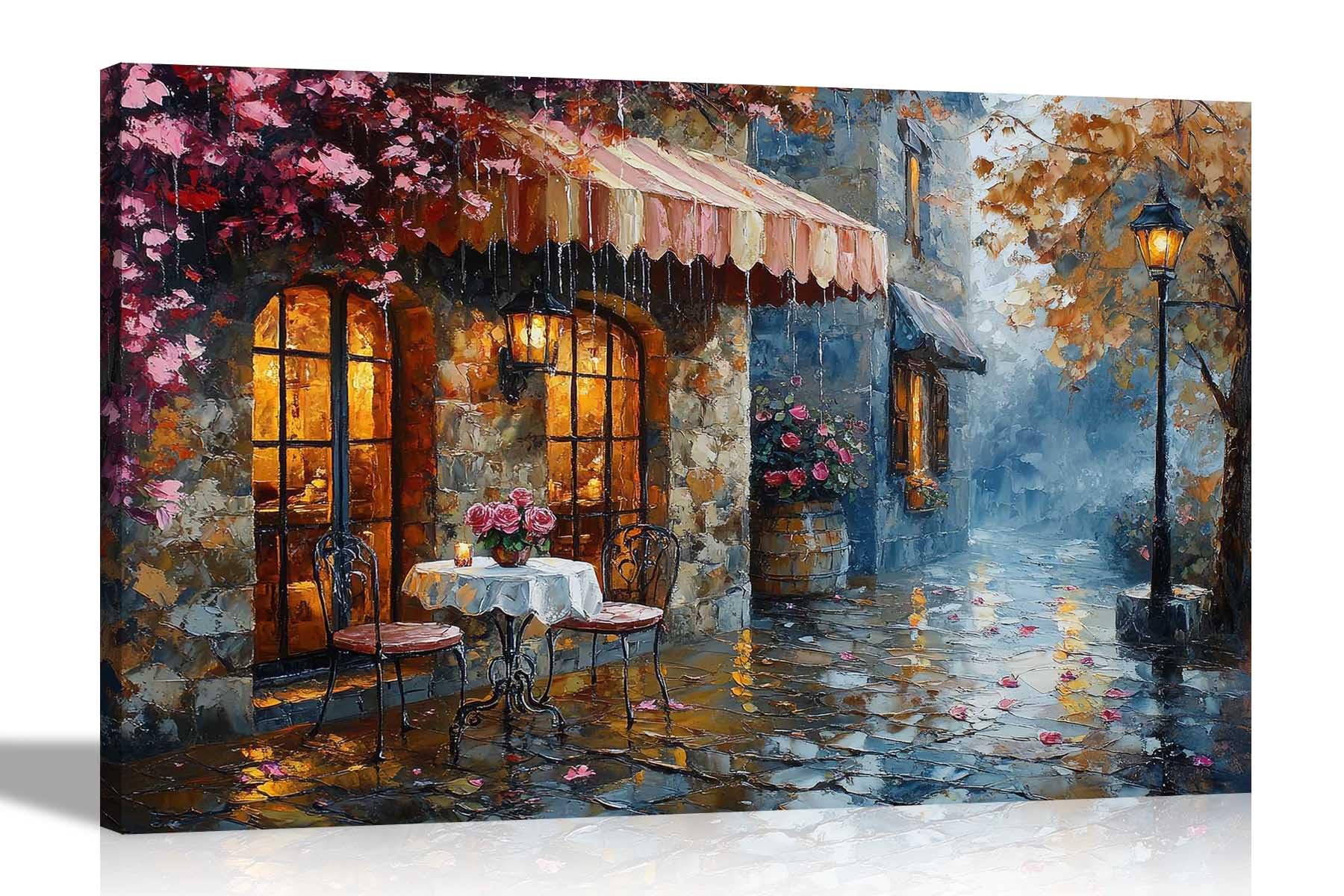 Artley Prints Rainy Day Villiage Cafe - Autumn Rainy Day At Picturesque Villiage Cafe Canvas Wall Art Pictures For Living Room Hallway Decoration Prints 40 X 30Cm (16 X 12 Inches) A3