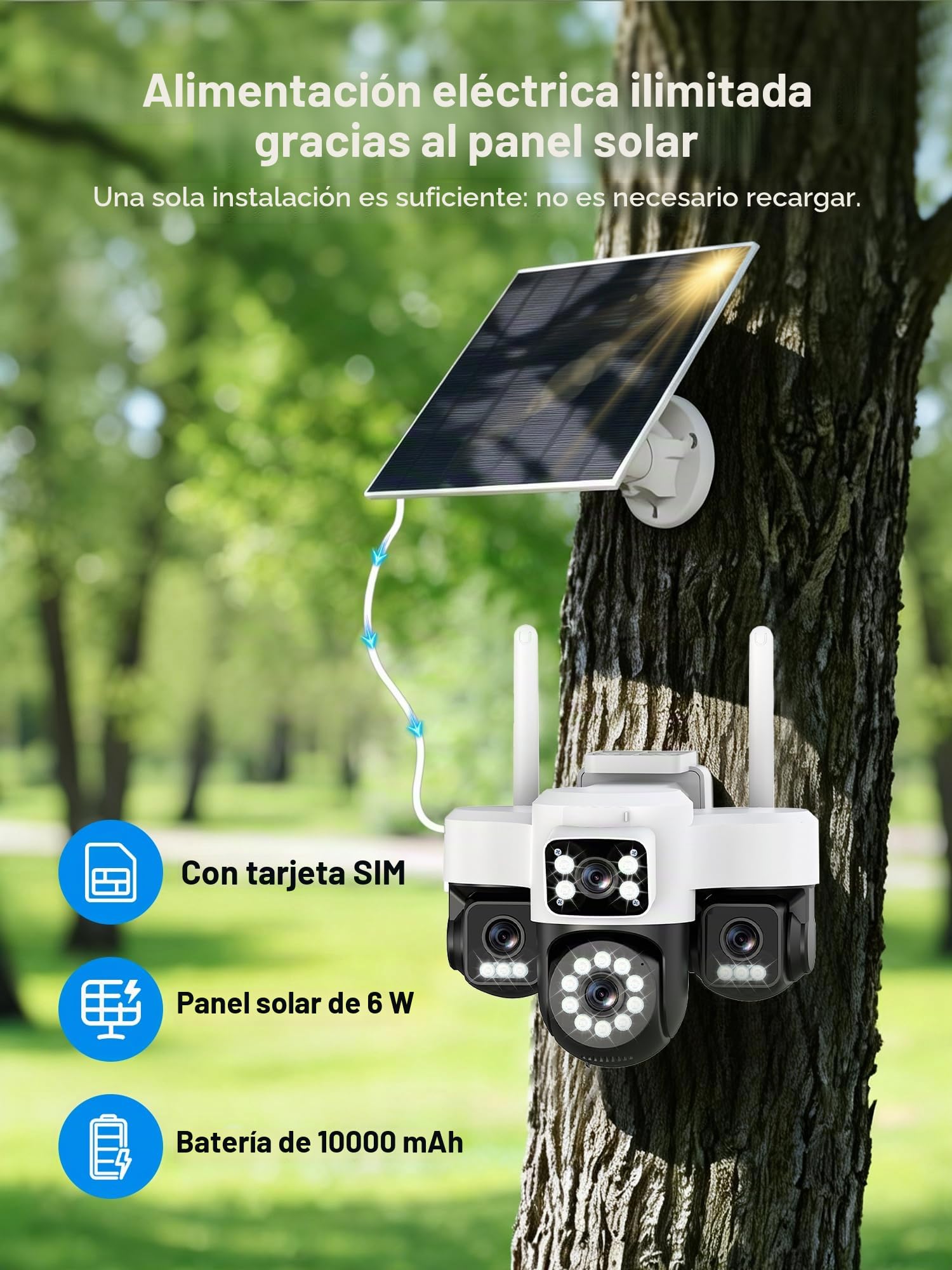 4G cámara vigilancia exterior inalámbrica, AOV 24/7, cuatro lentes/cámara solar/batería,4K cámaras de vigilancia con tarjeta SIM,visión Vocturne,Alarma,Audio bidireccional,seguimiento automático
