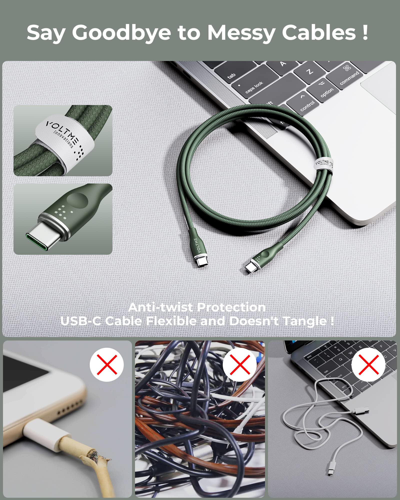 VOLTME Set di 2 Cavo USB C a USB C PD 5A 100W Nylon Intrecciato 1.80m, RUGG USB-C Tipo C Cavo di Rapida Compatibile con MacBook, MateBook pro, Pixel 7/6 Pro/5/4XL, iPad Pro, Galaxy, ecc. (verde)
