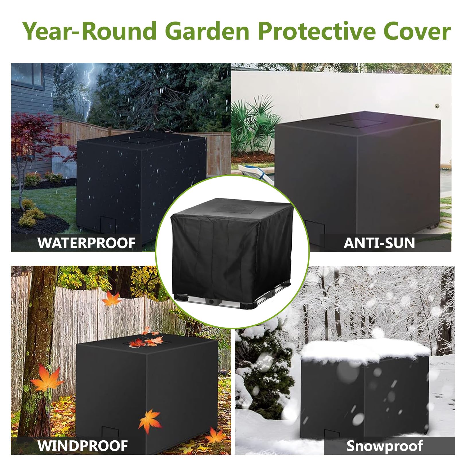 2 fundas impermeables para depósito de agua de 300/600/800/1000 L, cubierta protectora duradera para almacenamiento de agua de lluvia IBC para exteriores, color verde, tamaño 1000L: 120 x 100 x 116 cm