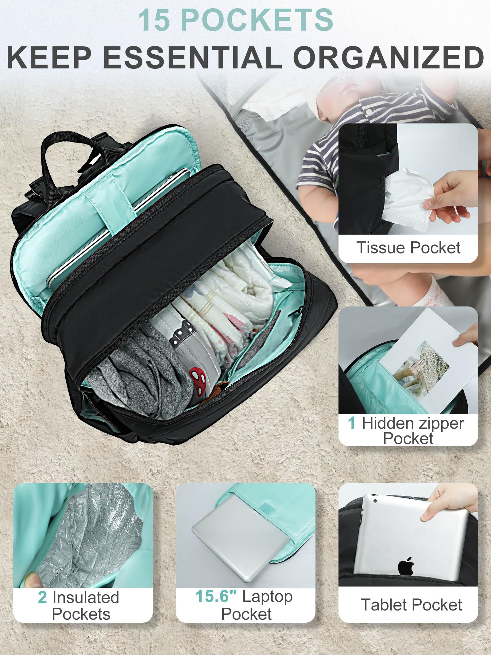 MOMINSIDE Mochila para pañales con 15 bolsillos, bolsa acolchada para bebé para niños y niñas, lista de regalos de bebé, cambiador grande