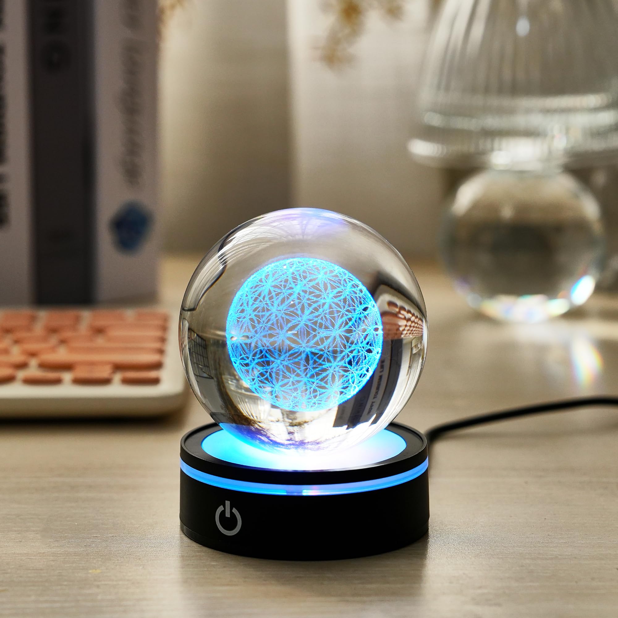 Fermacarte a forma di sfera di cristallo con incisione laser 3D, fiore della vita, con supporto a LED, per guarigione dei chakra, per San Valentino, compleanno, anniversario, regalo di nozze