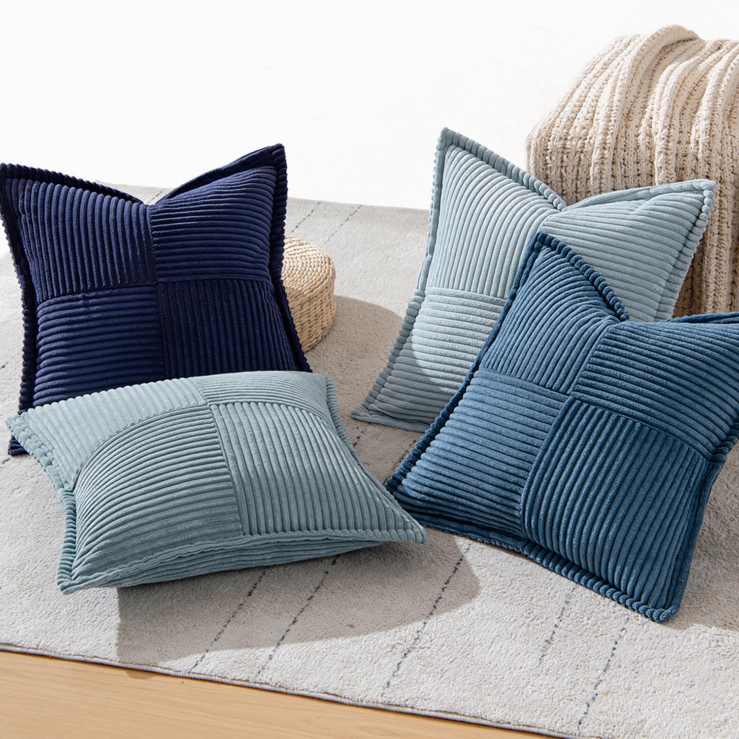 MIULEE Funda de Cojines para Sofá 50x50 cm Funda de Almohada de Corduroy Súper Suave Cojin de Pana a Rayas Decoración Moderna para Sofá Silla Cama Sala de Estar Dormitorio 4 Piezas Serie Azul