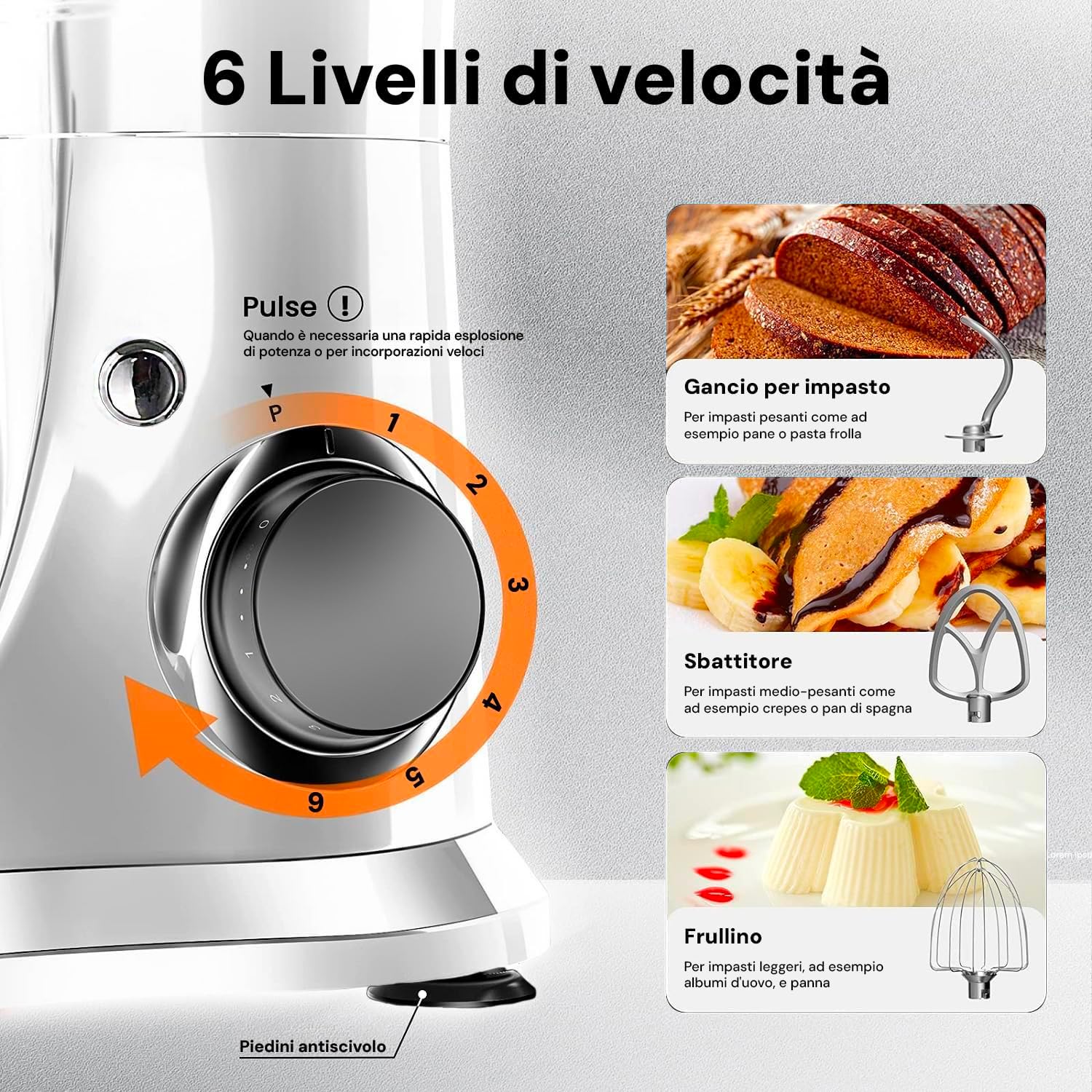 Avilia Robot da Cucina Planetaria 1900W con Tritacarne e Frullatore - Ciotola in Acciaio Inox da 6,5L - 6 Velocità e Funzione Pluse - Ideale per Impasti, Frullati e Tritature