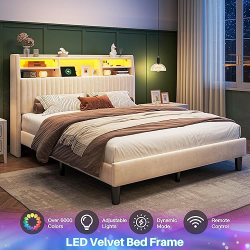 Miniatura 4 de Base de cama tamaño Queen, marco de cama de terciopelo con estación de carga y luces LED, cabecera capitonada de canal vertical con estantes de