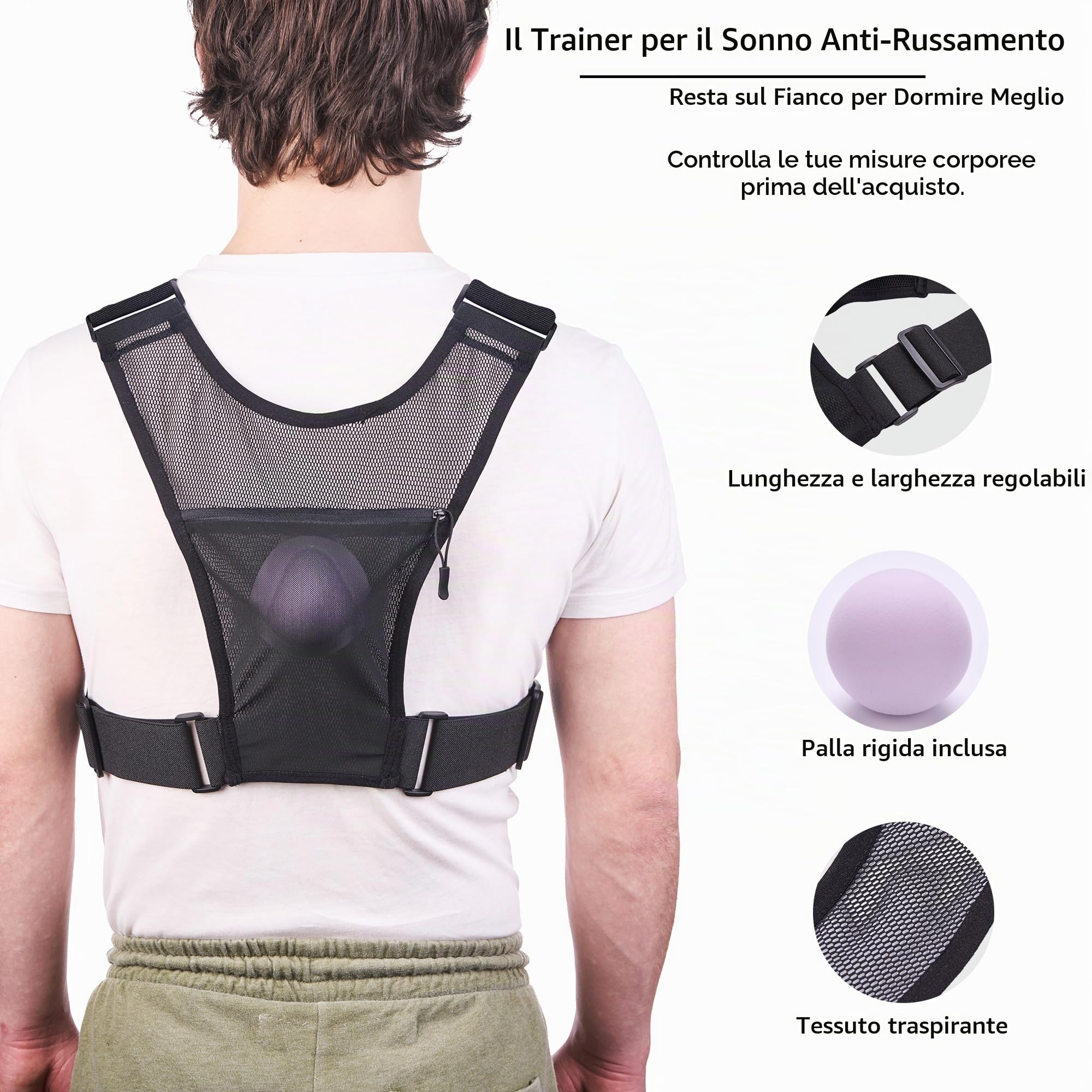 Gilet Anti Russamento Uomo | Dispositivo AntiRussamento Uomo per Dormire sul Fianco | Con Sfera per Evitare la Posizione Supina | Dispositivo Apnea Notturna | Leggero e Regolabile | Snoring Device