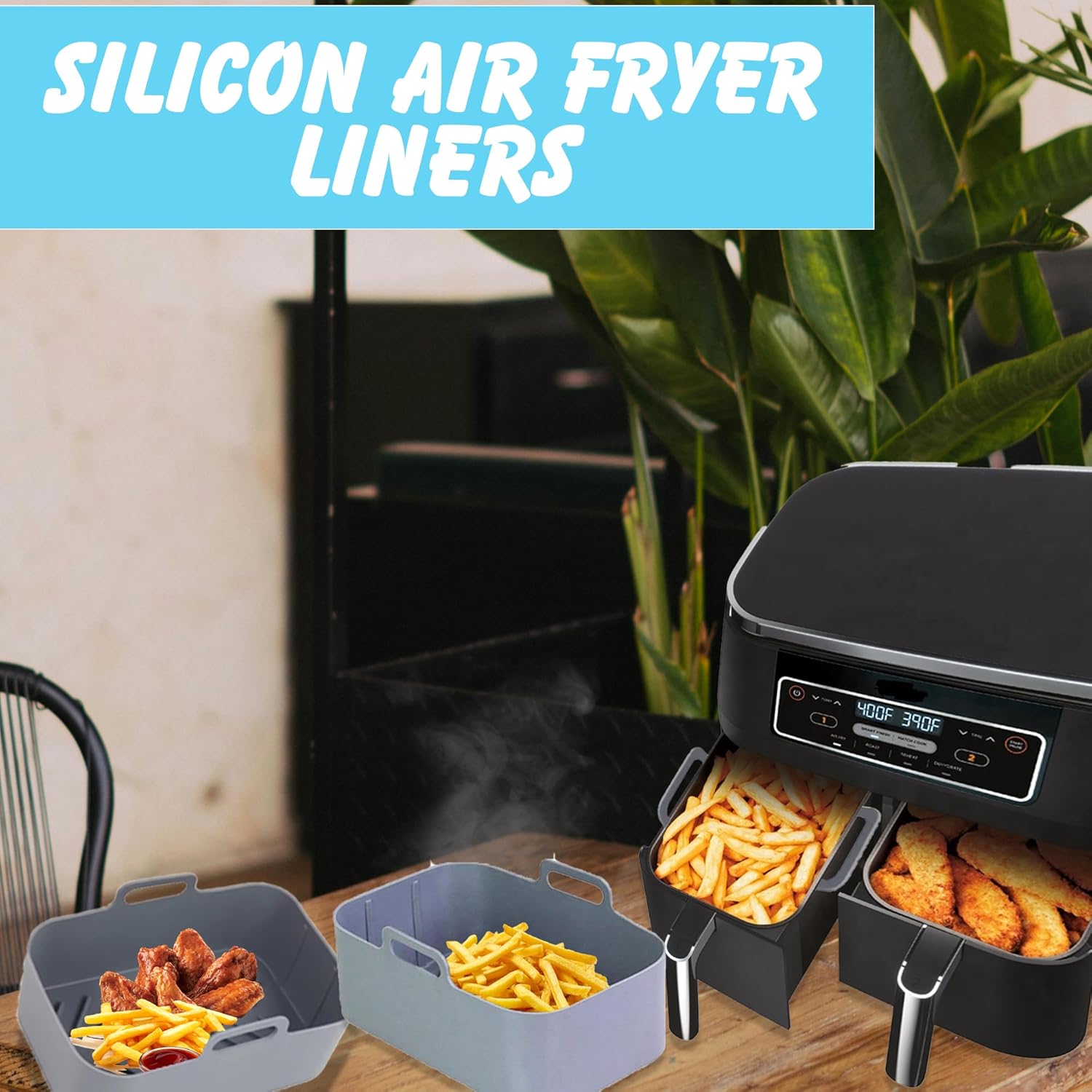 Silicone Air Fryer Liners 2 Pack, Reusable Liners Compatible for all Ninja Foodis DZ201, DZ401, DZ550, COSORI, Chefman, Instant Air Fryer, and 6-in-1 8-10QT