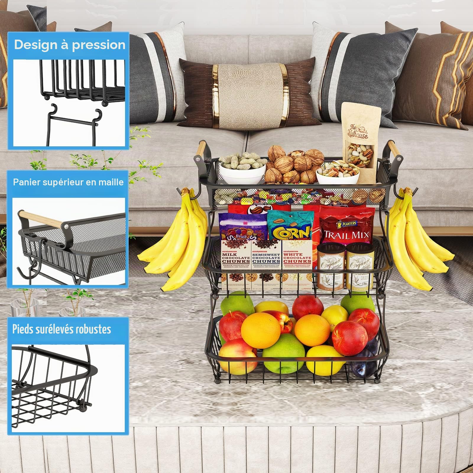 Panier à fruits à 3 niveaux avec 2 cintres pour bananes, panier à fruits et légumes pour comptoir de cuisine, panier en maille métallique, support de fruits pour oignons, collations et légumes, noir